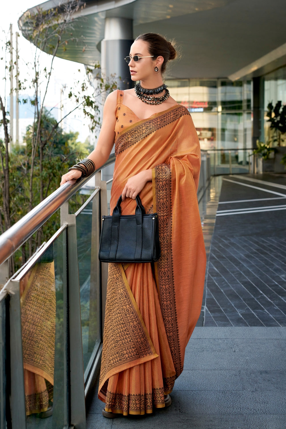Orange Tissue Linen Saree