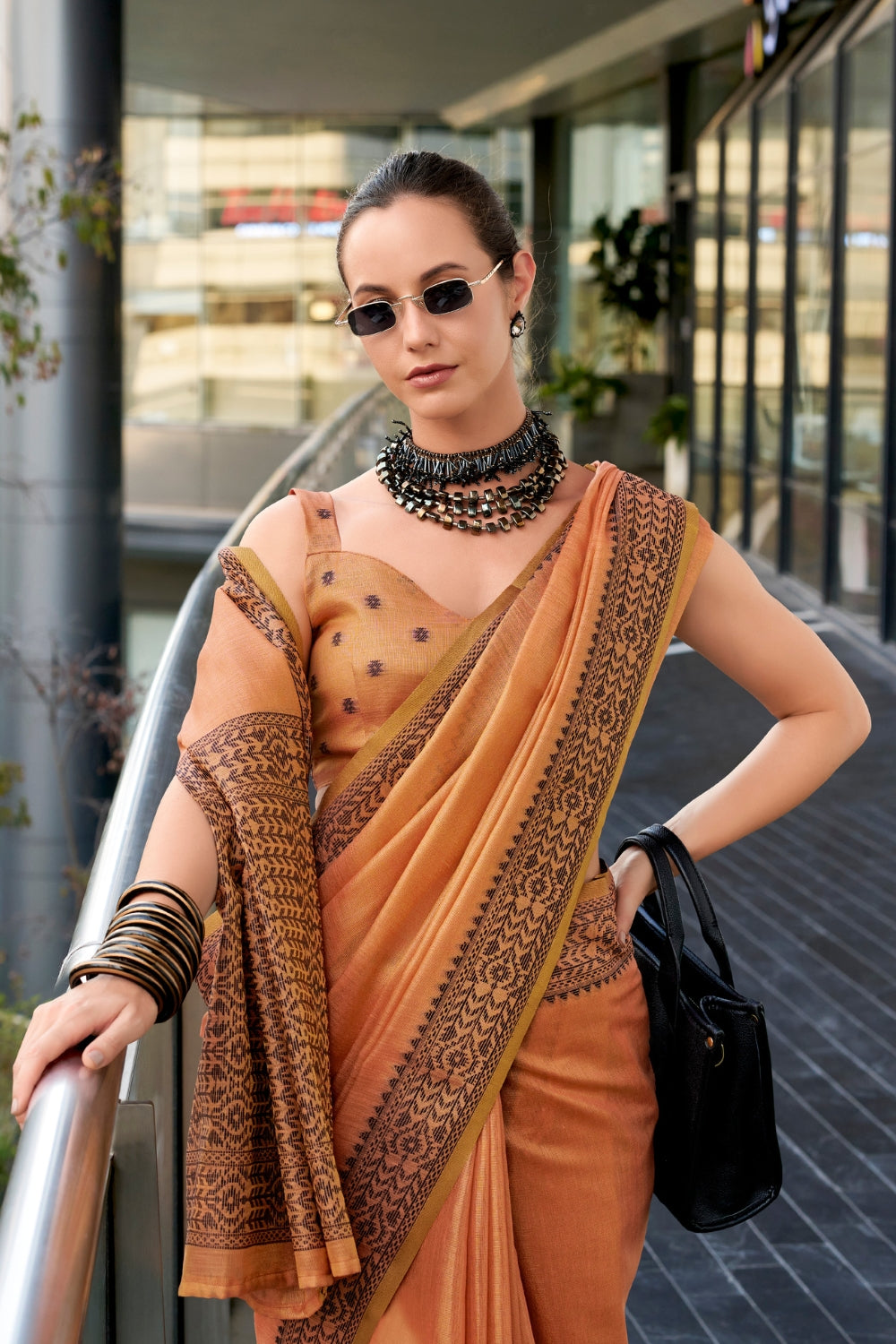Orange Tissue Linen Saree