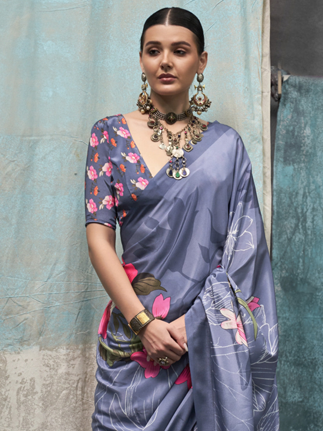 Multi Color Printed Party Wear Silk Saree