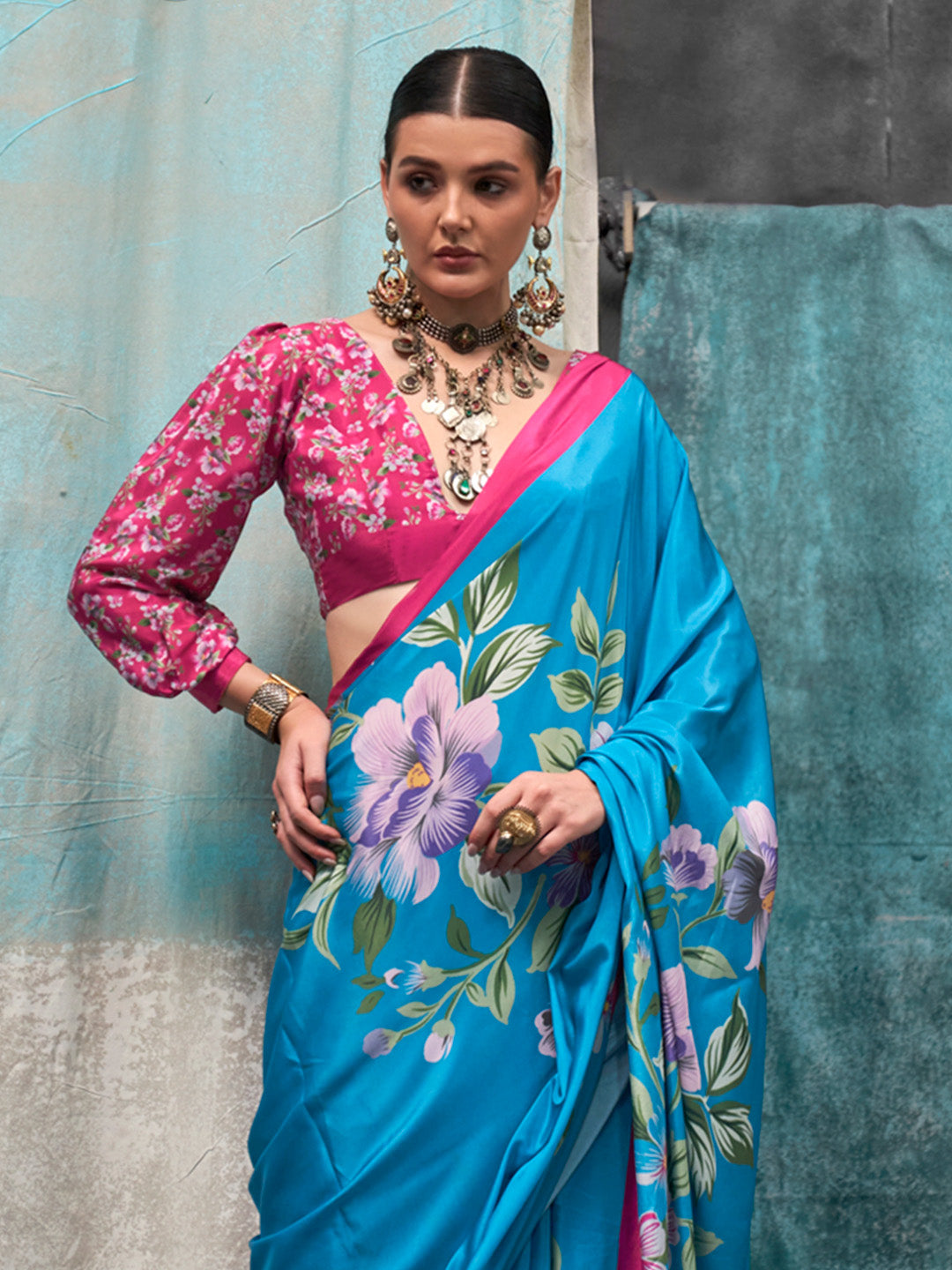 Blue Printed Party Wear Silk Saree