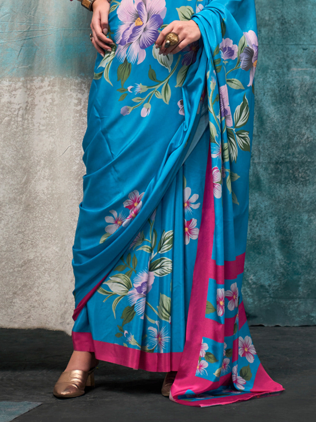 Blue Printed Party Wear Silk Saree
