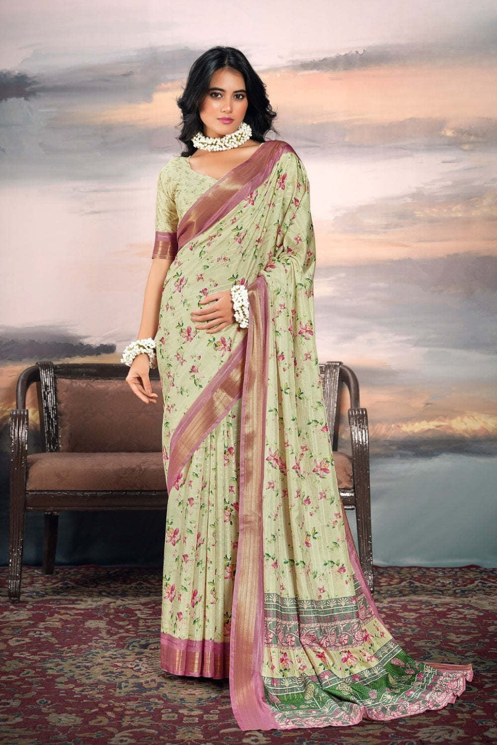 Lime Green Pure Cotton Silk Saree