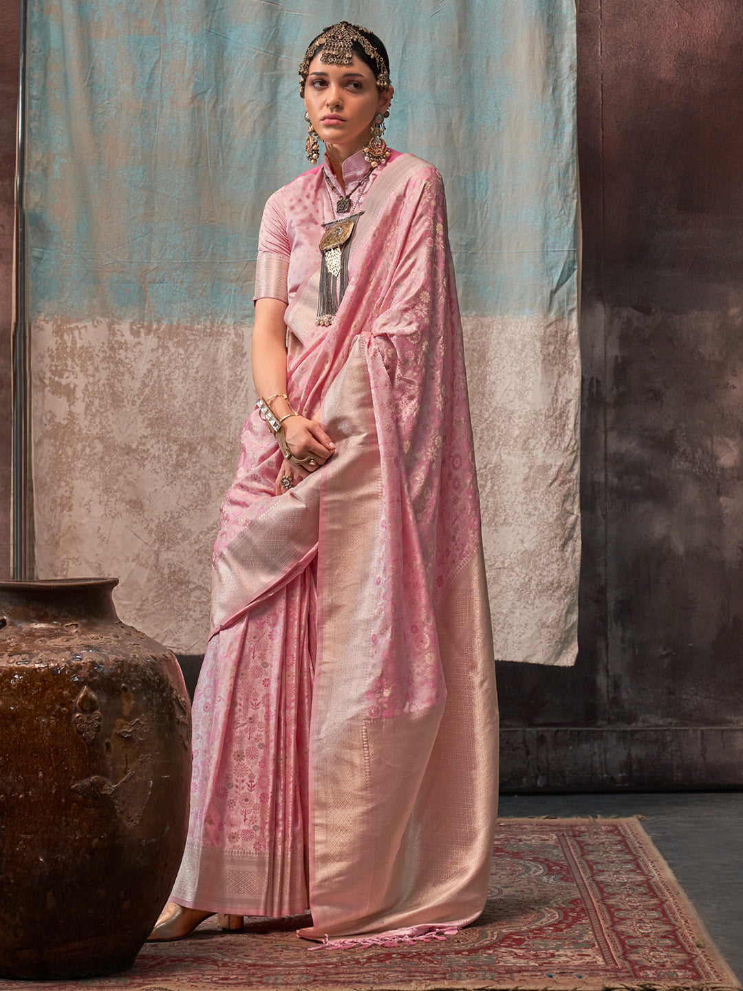 Pink Satin Saree