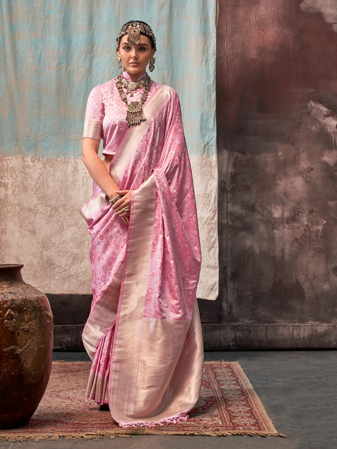 Pink Satin Saree