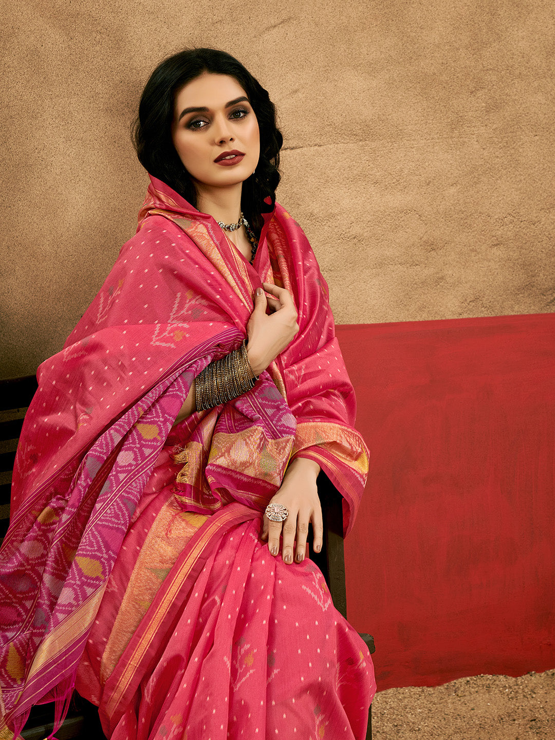 Cherry Pink Patola Silk Saree