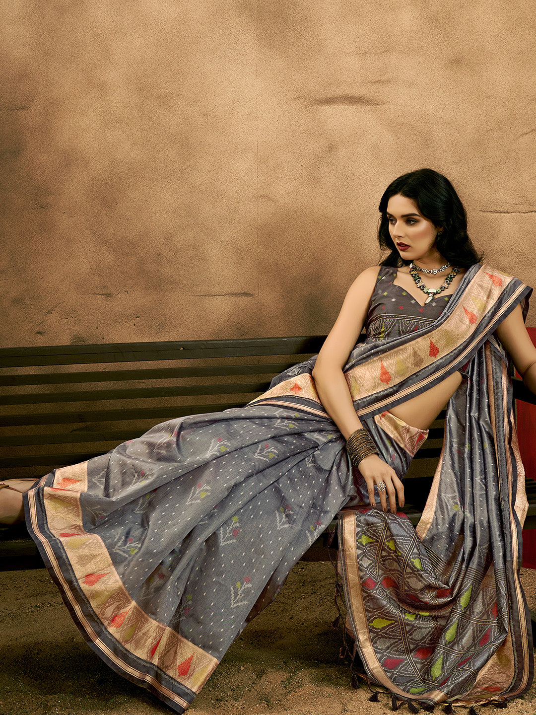 Carcoal Grey Patola Silk Saree