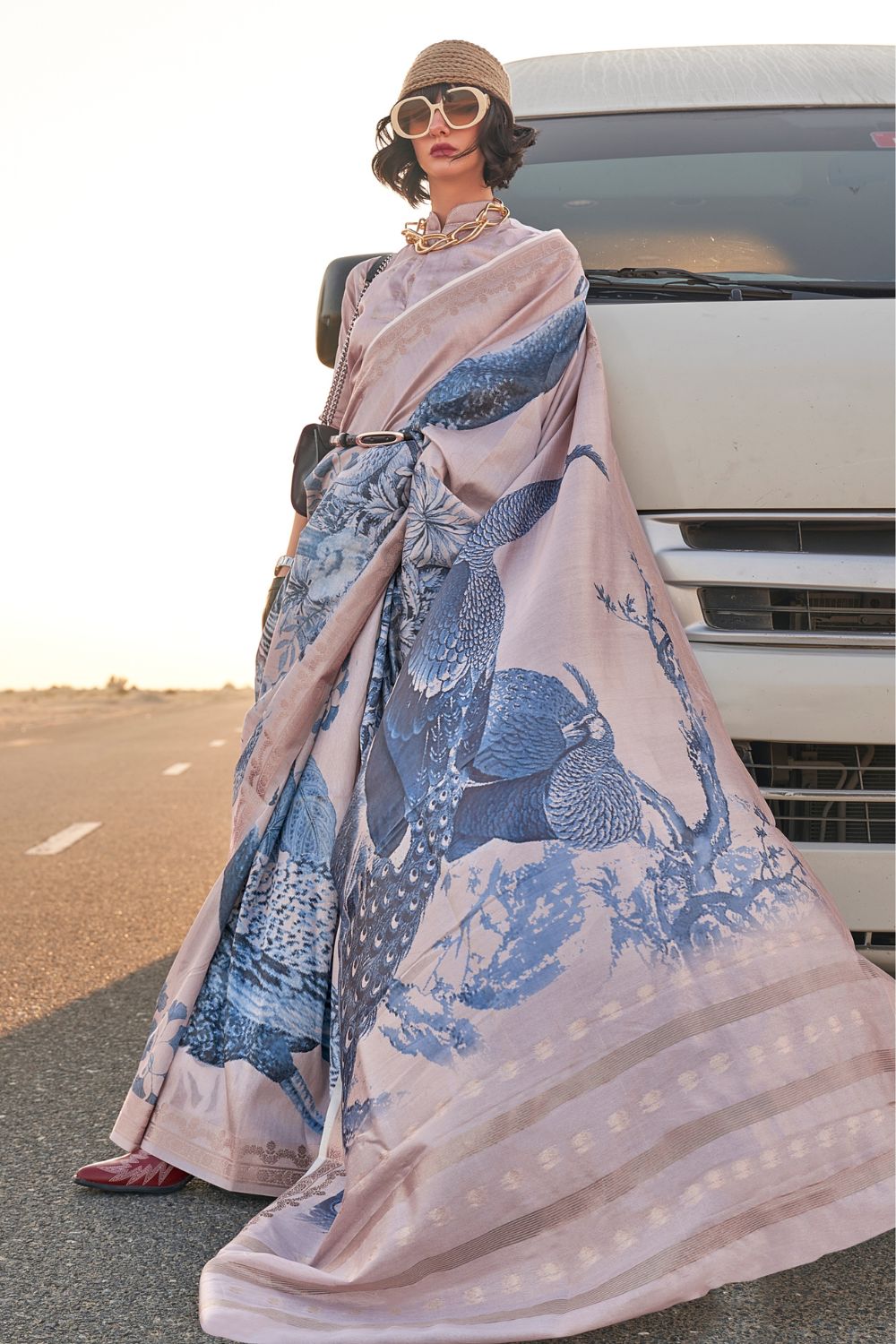 Grey Blue Printed Tussar Saree