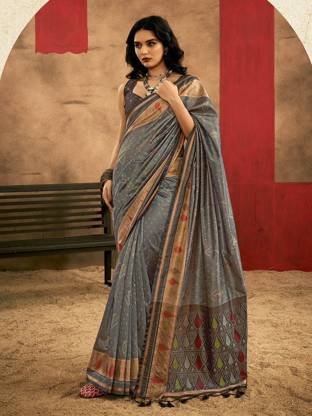 Carcoal Grey Patola Silk Saree