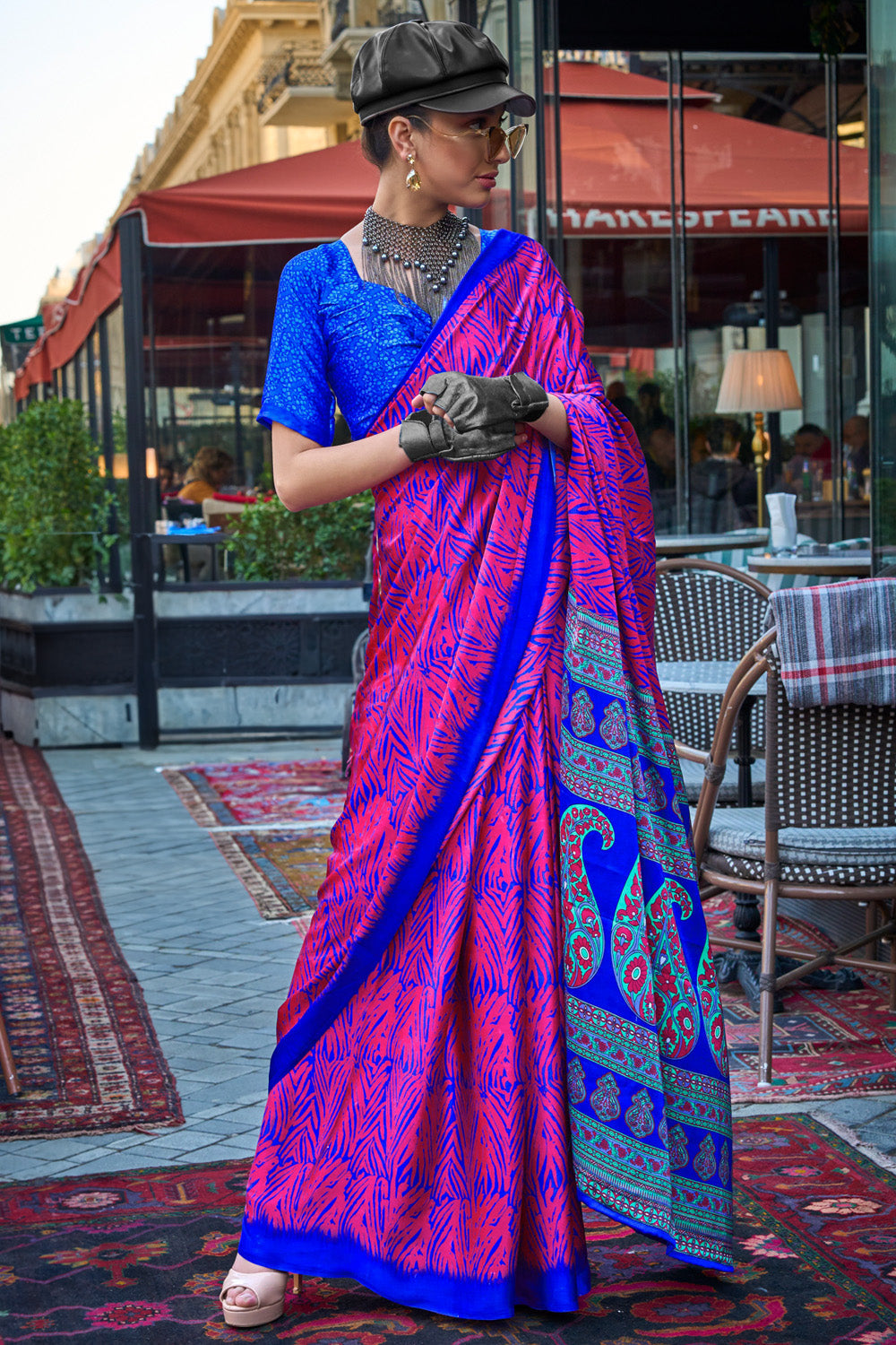 Pink & Blue Satin Silk Saree