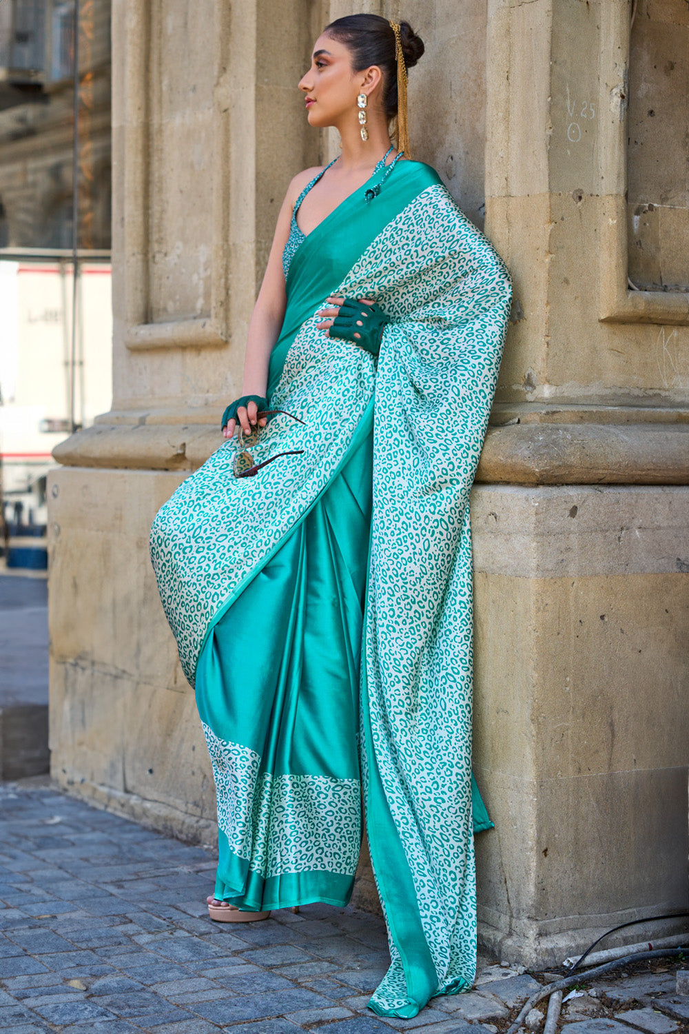 Teal Satin Silk Saree