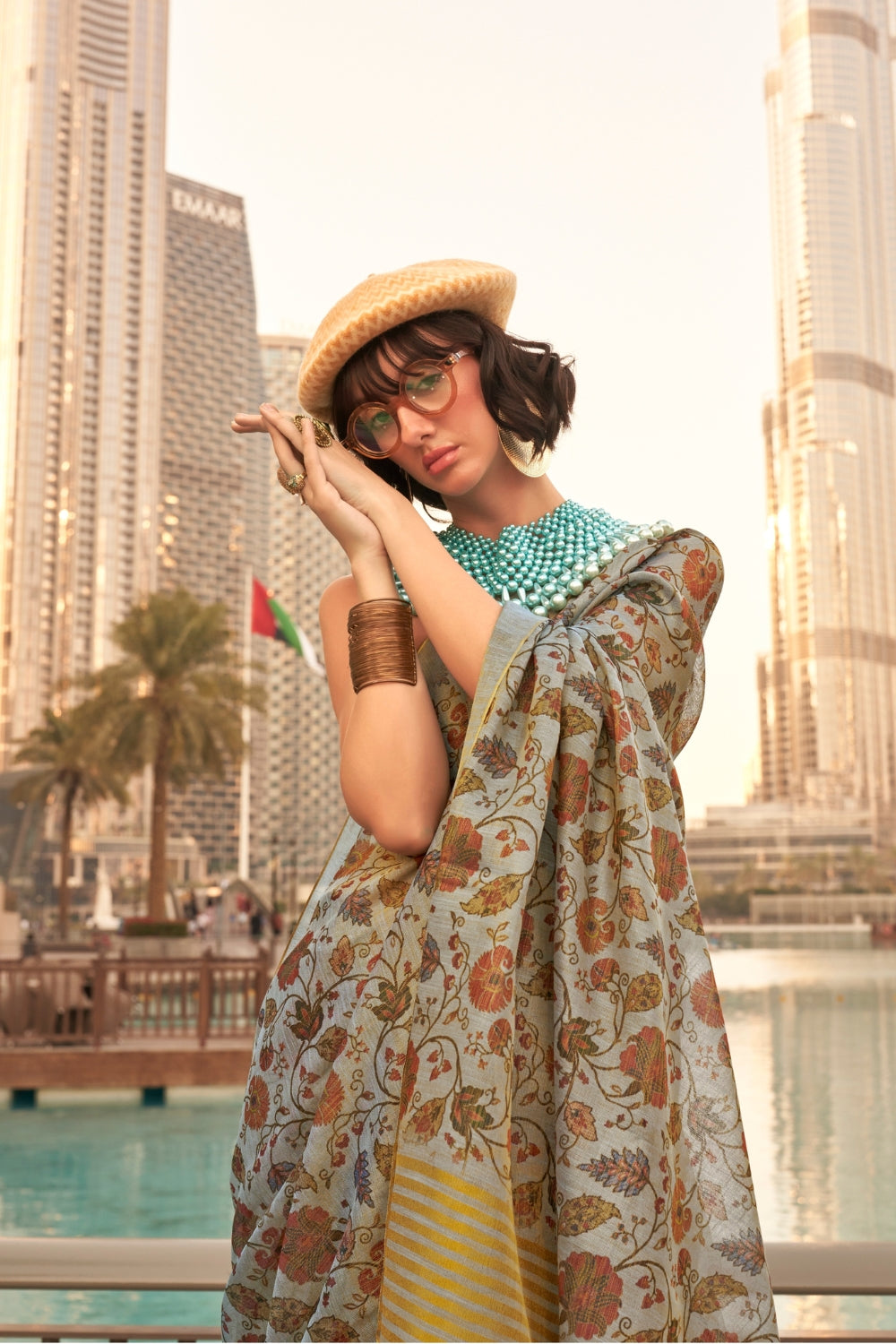 Carcoal Grey Printed Tissue Saree