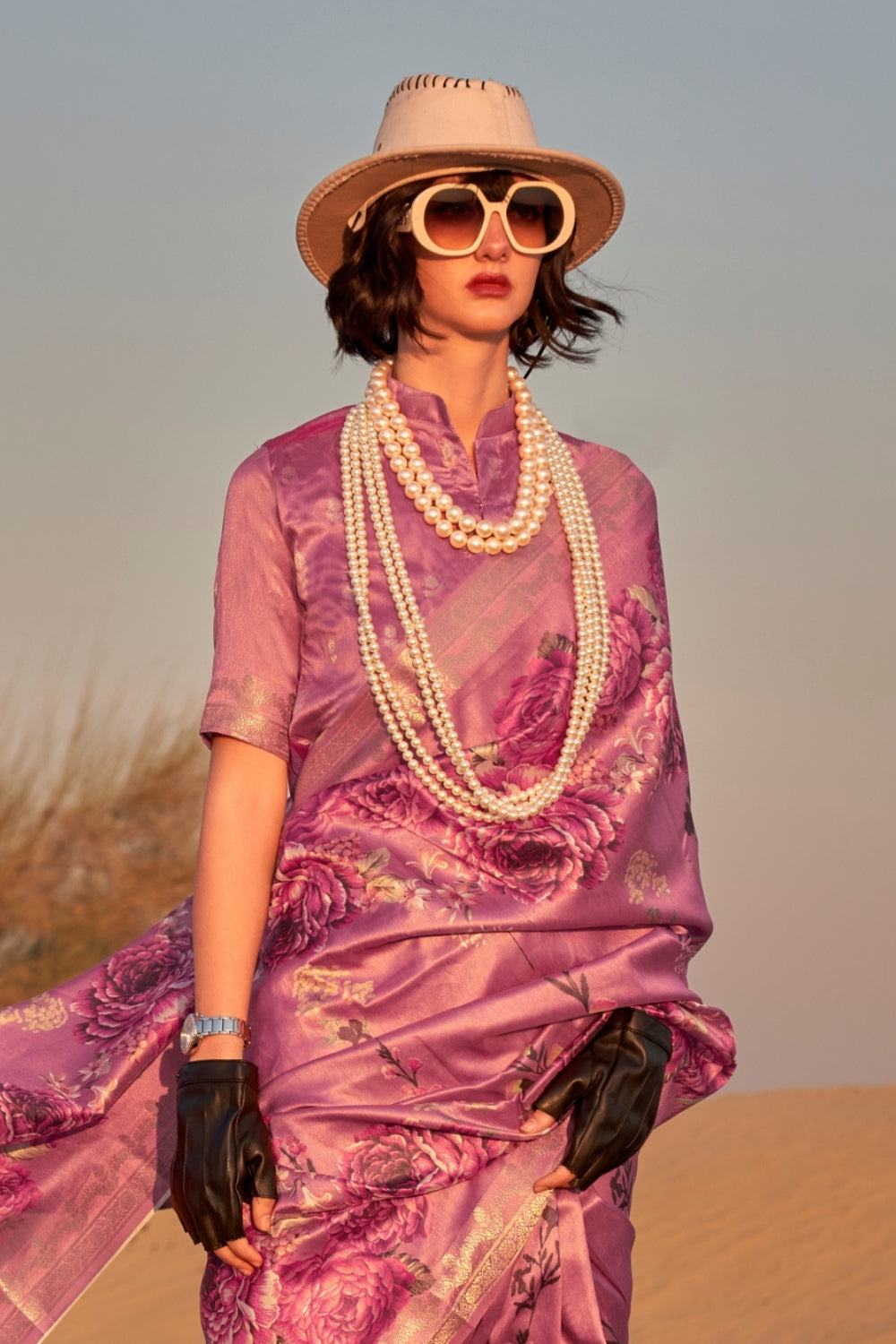 Dark Pink Printed Tussar Saree