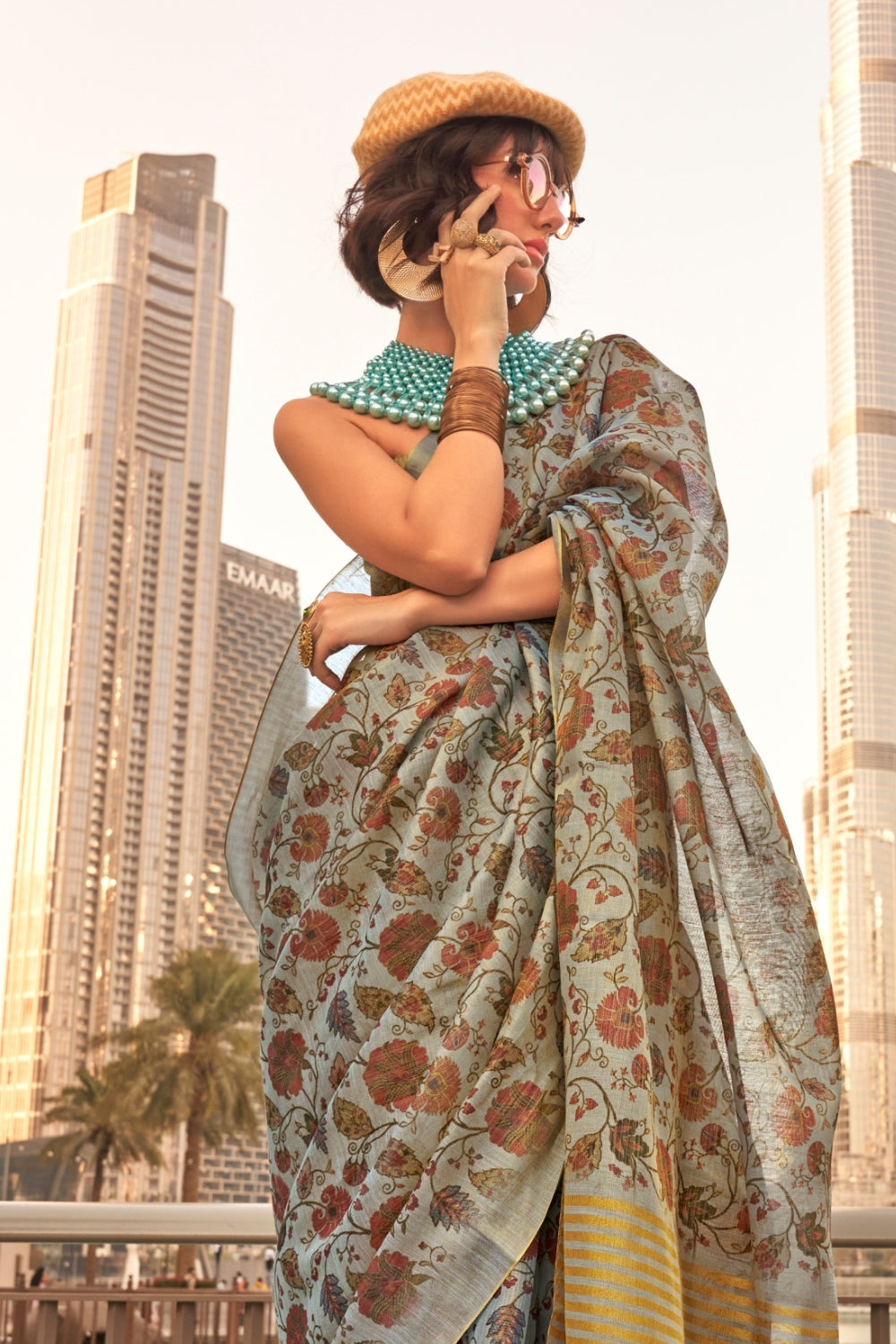 Carcoal Grey Printed Tissue Saree