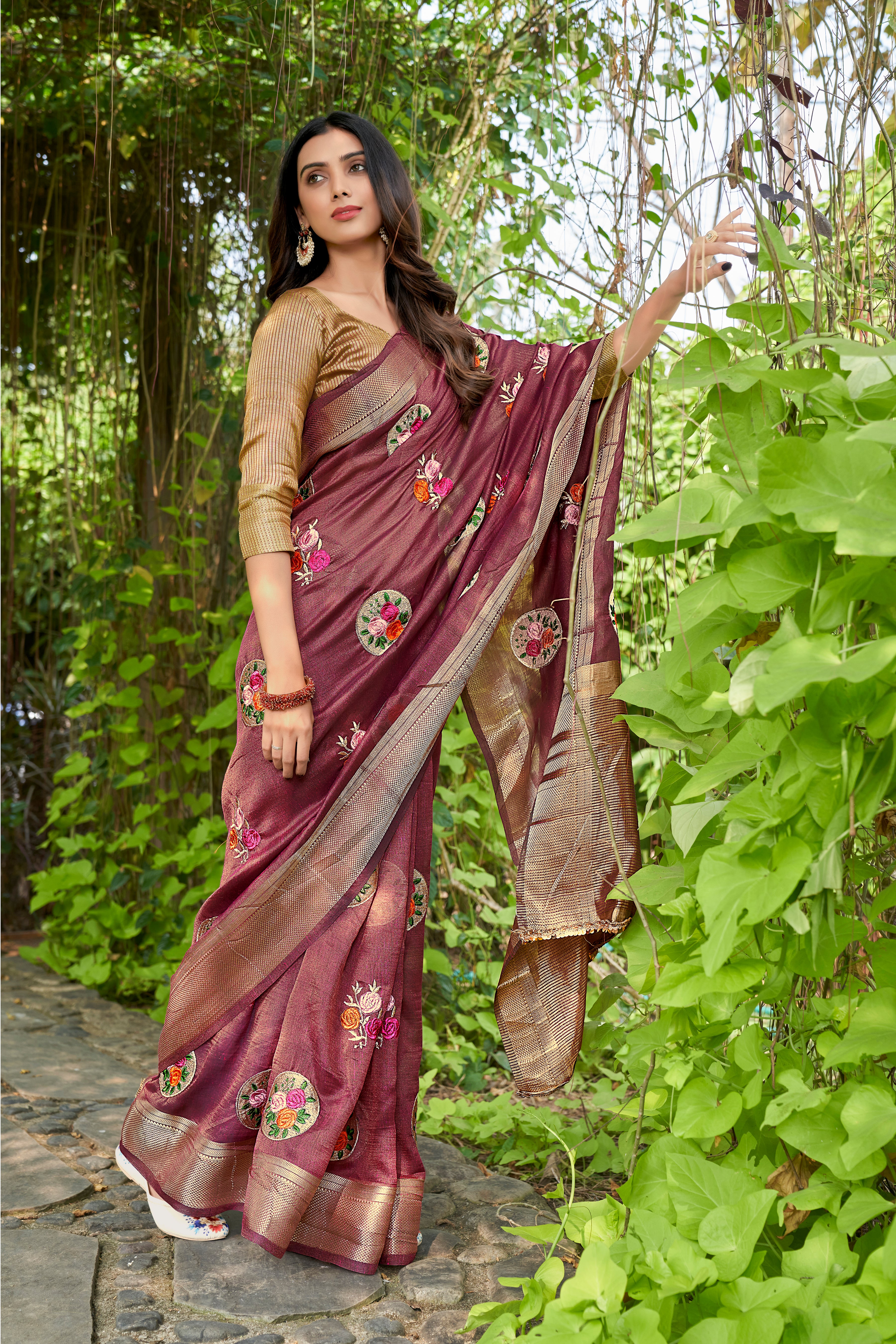 Wine Cotton Saree With Cotton Zari Blouse