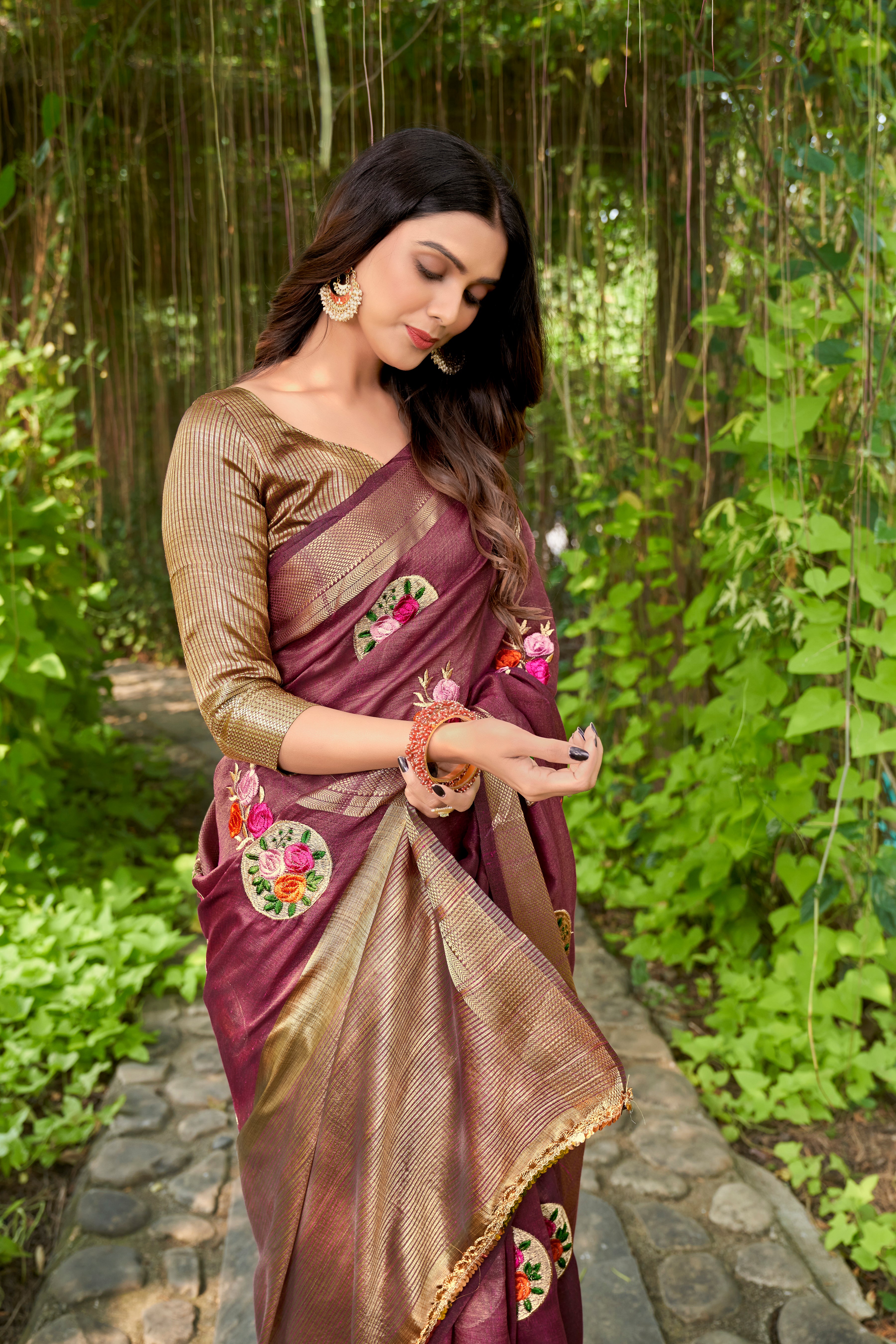Wine Cotton Saree With Cotton Zari Blouse