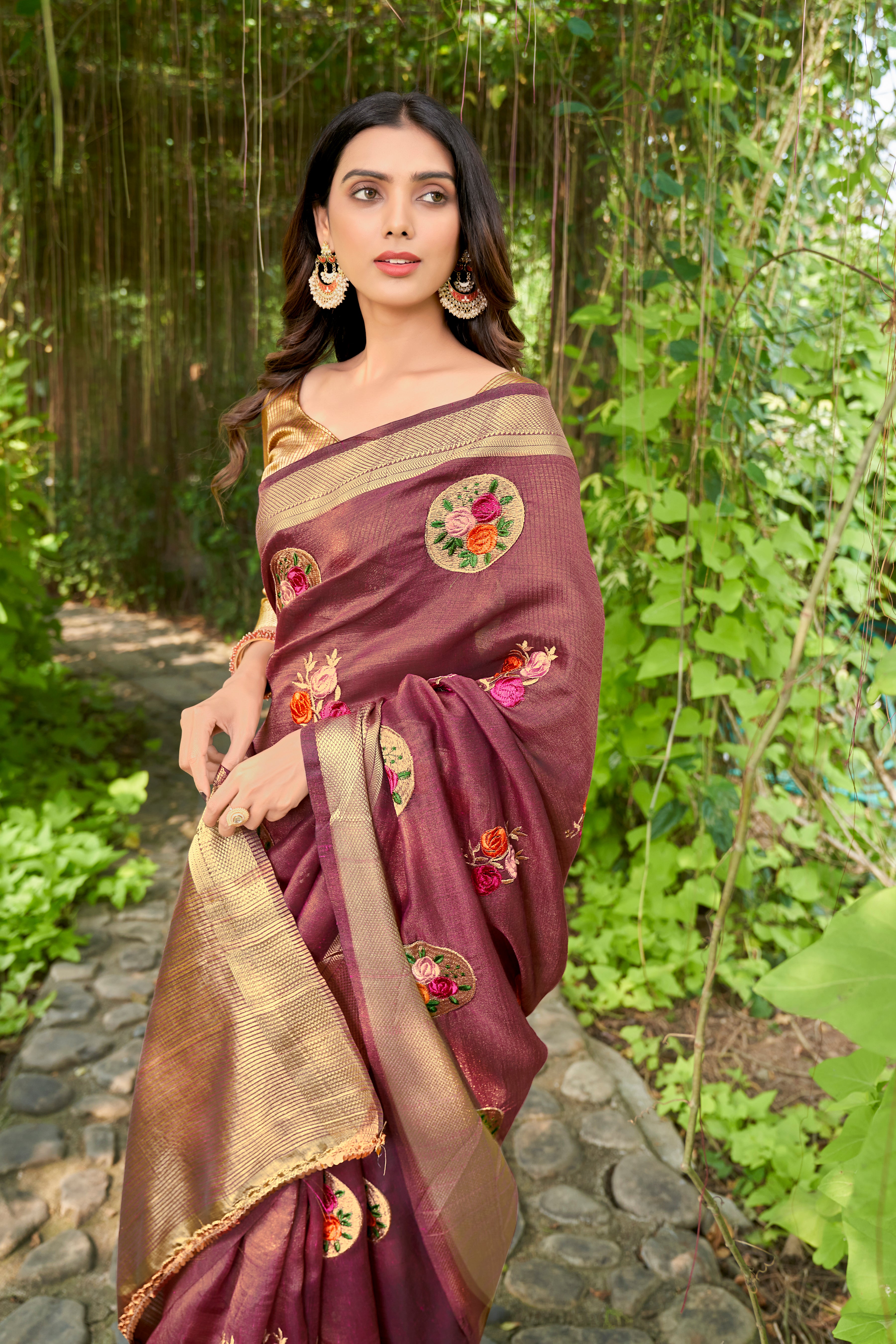 Wine Cotton Saree With Cotton Zari Blouse