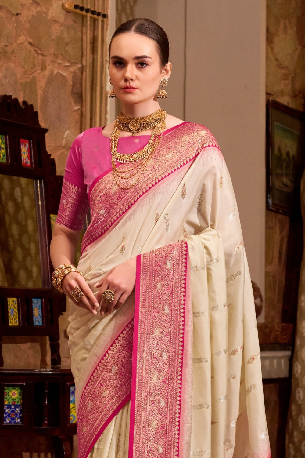 Cream Soft Silk Saree