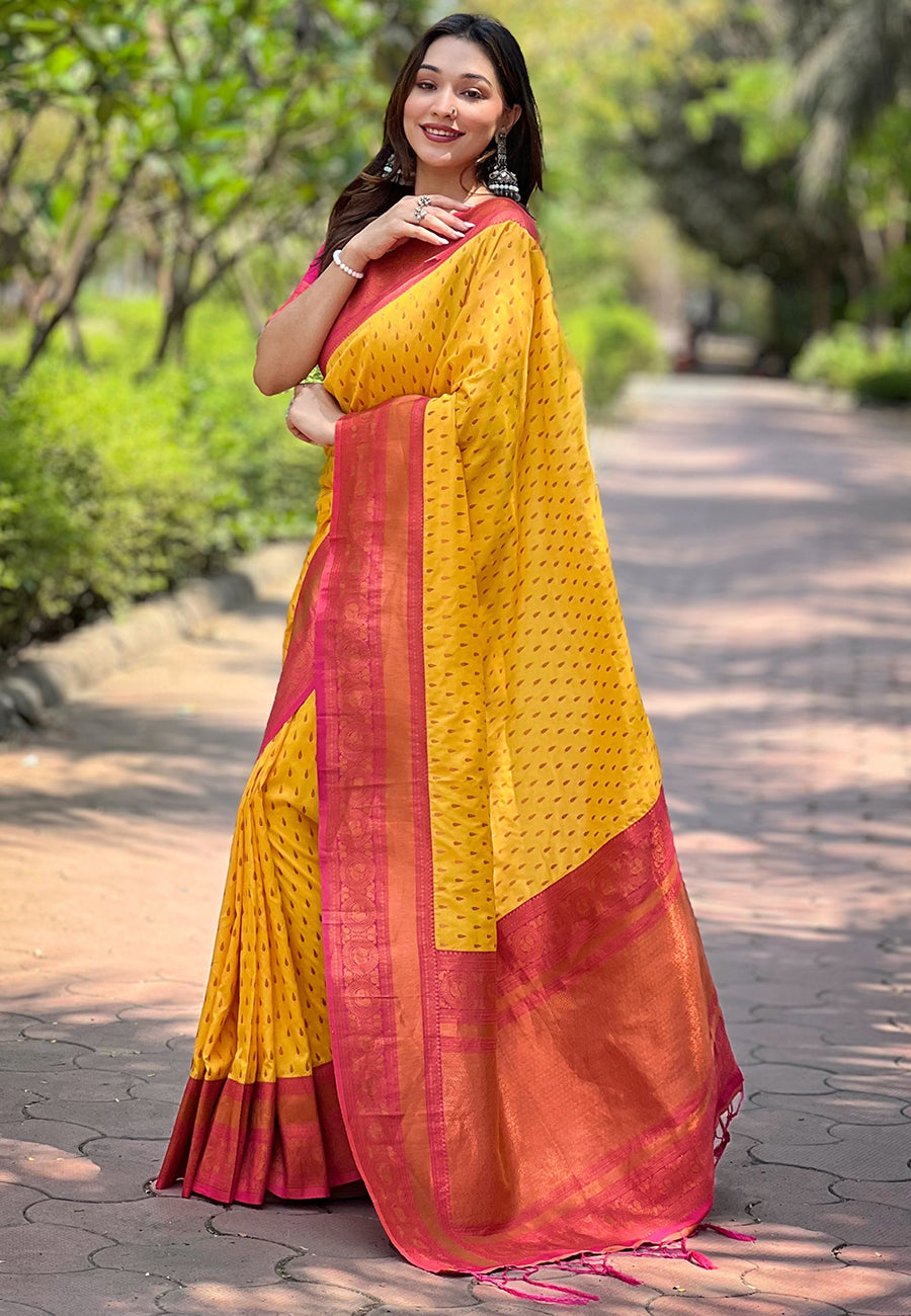 YELLOW BANARASI SILK BLEND SAREE