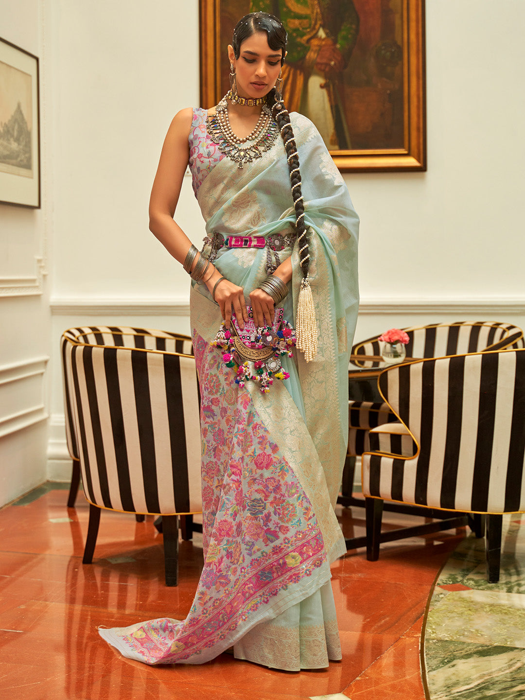 BLUE MODAL KASHMIRI PALLU AND BLOUSE HANDLOOM WEAVING SAREE