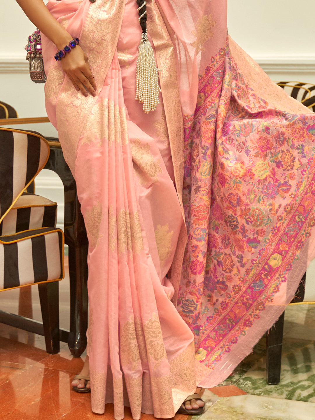 PINK MODAL KASHMIRI PALLU AND BLOUSE HANDLOOM WEAVING SAREE