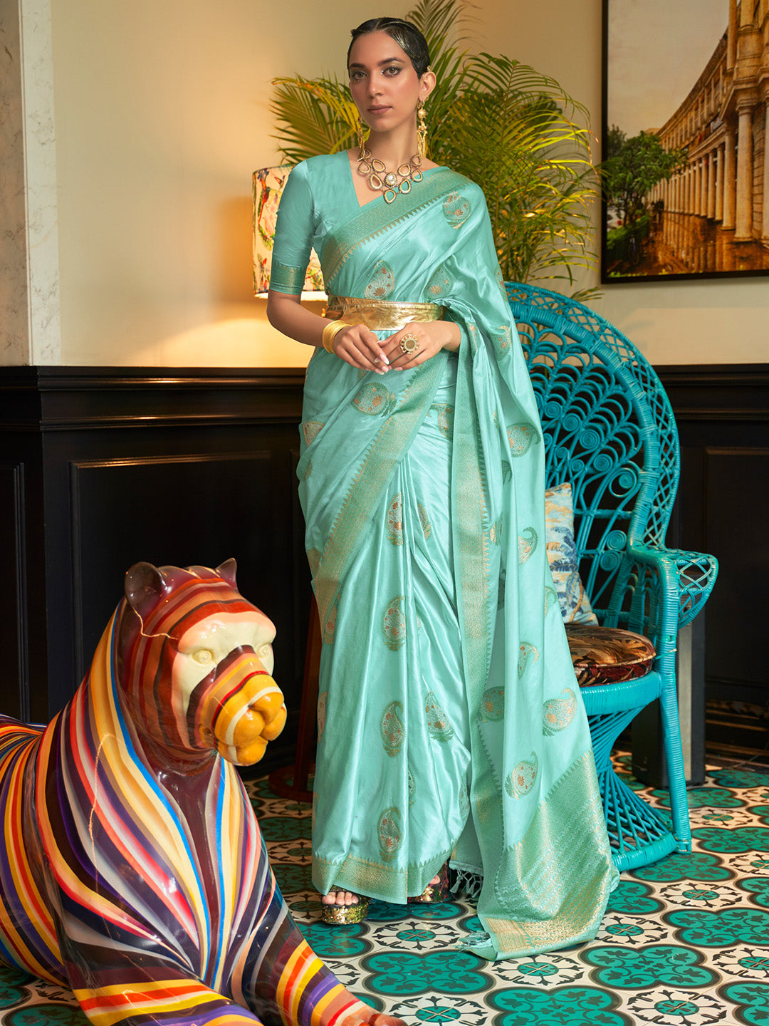 Sky Blue Satin Silk Saree