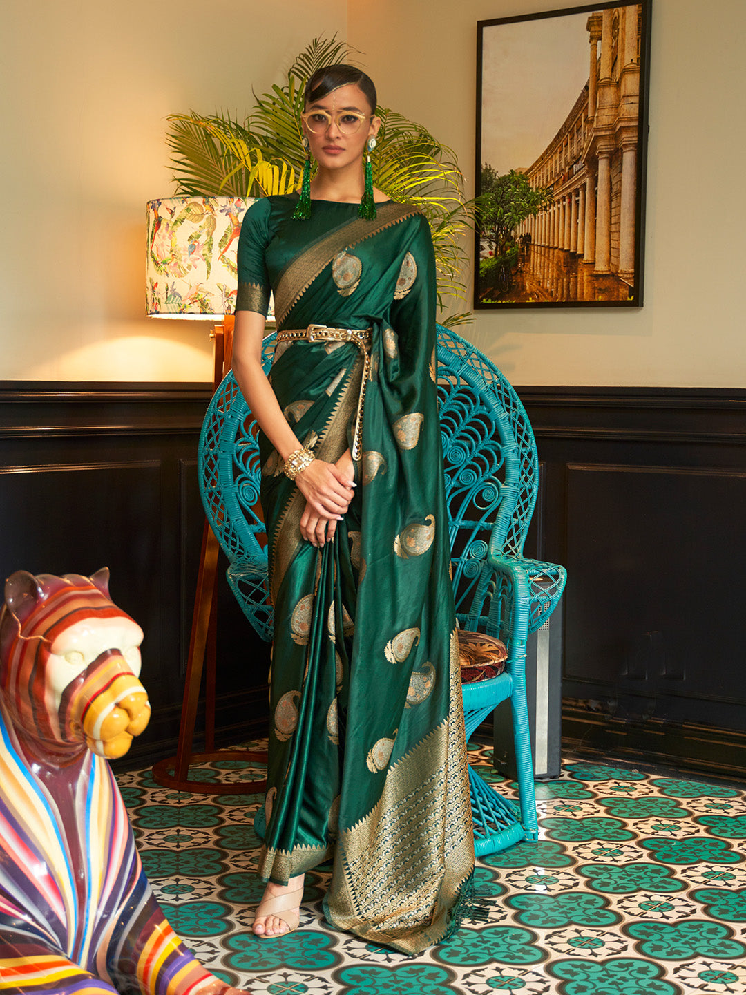 Dark Green Satin Silk Saree