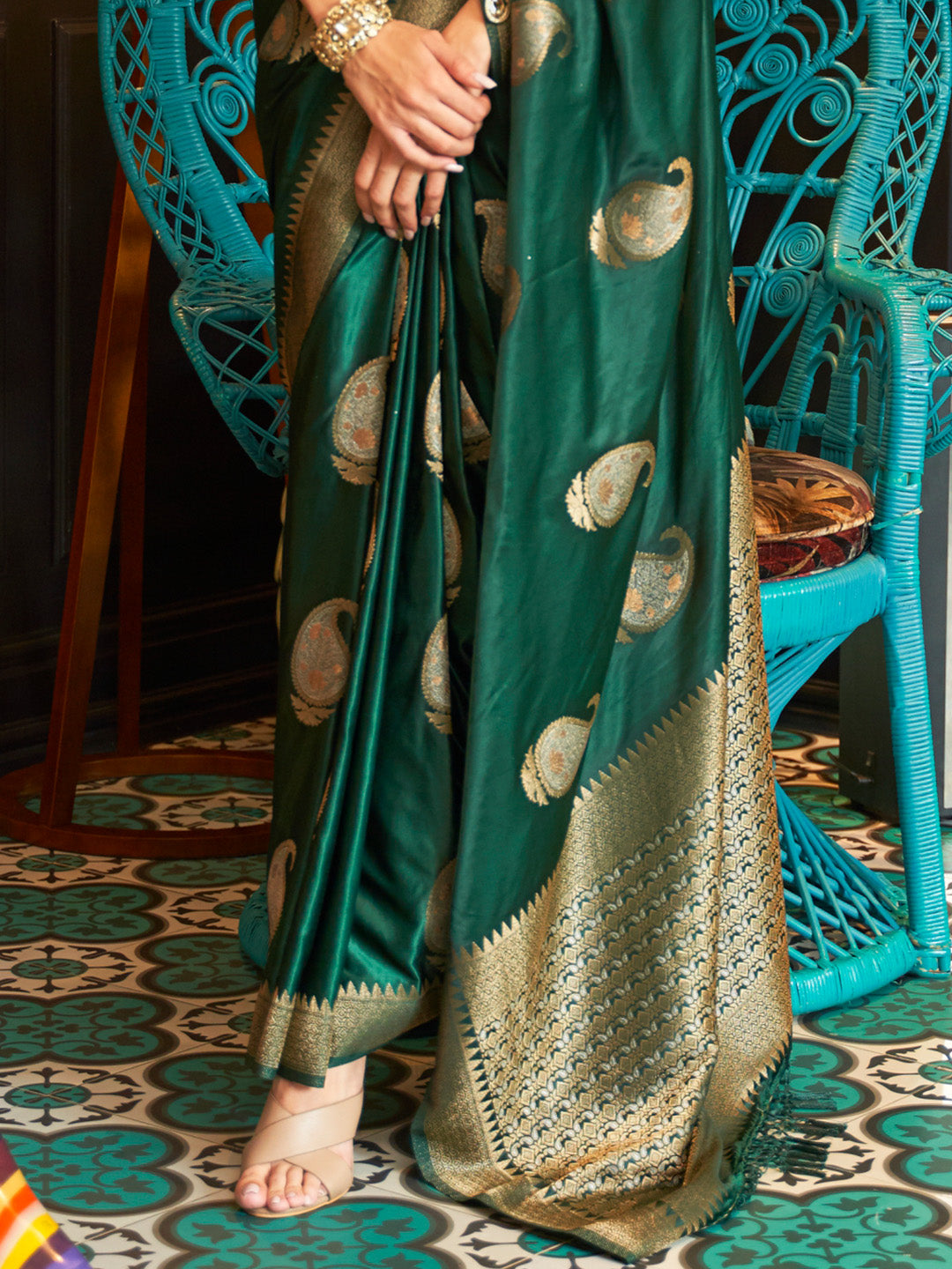 Dark Green Satin Silk Saree