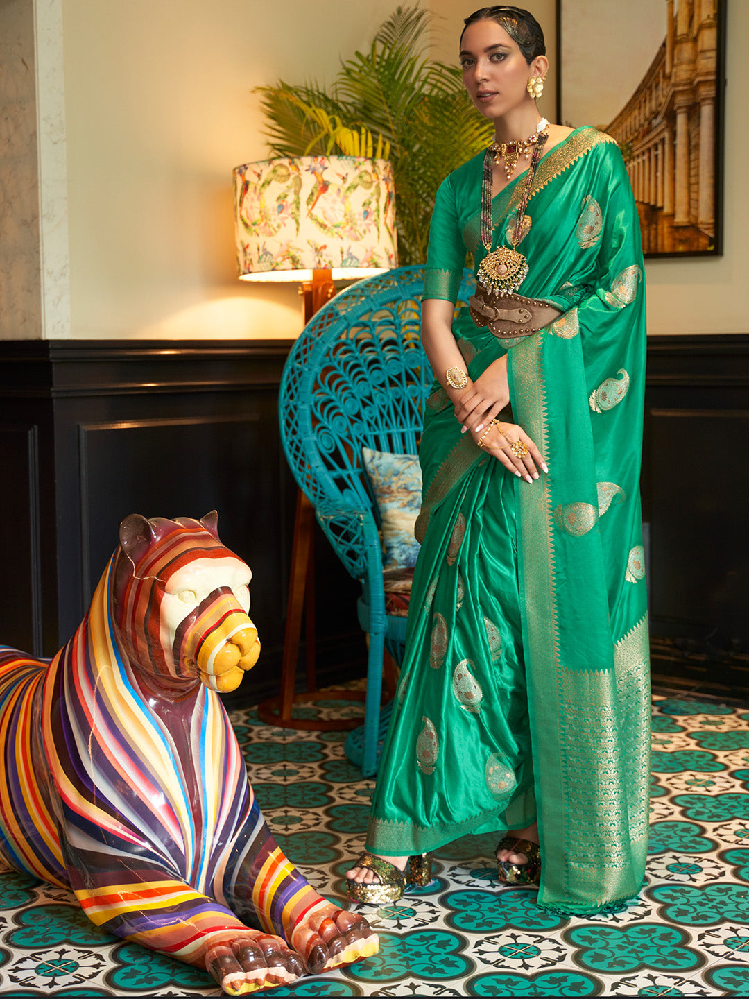 Forest Green Satin Silk Saree