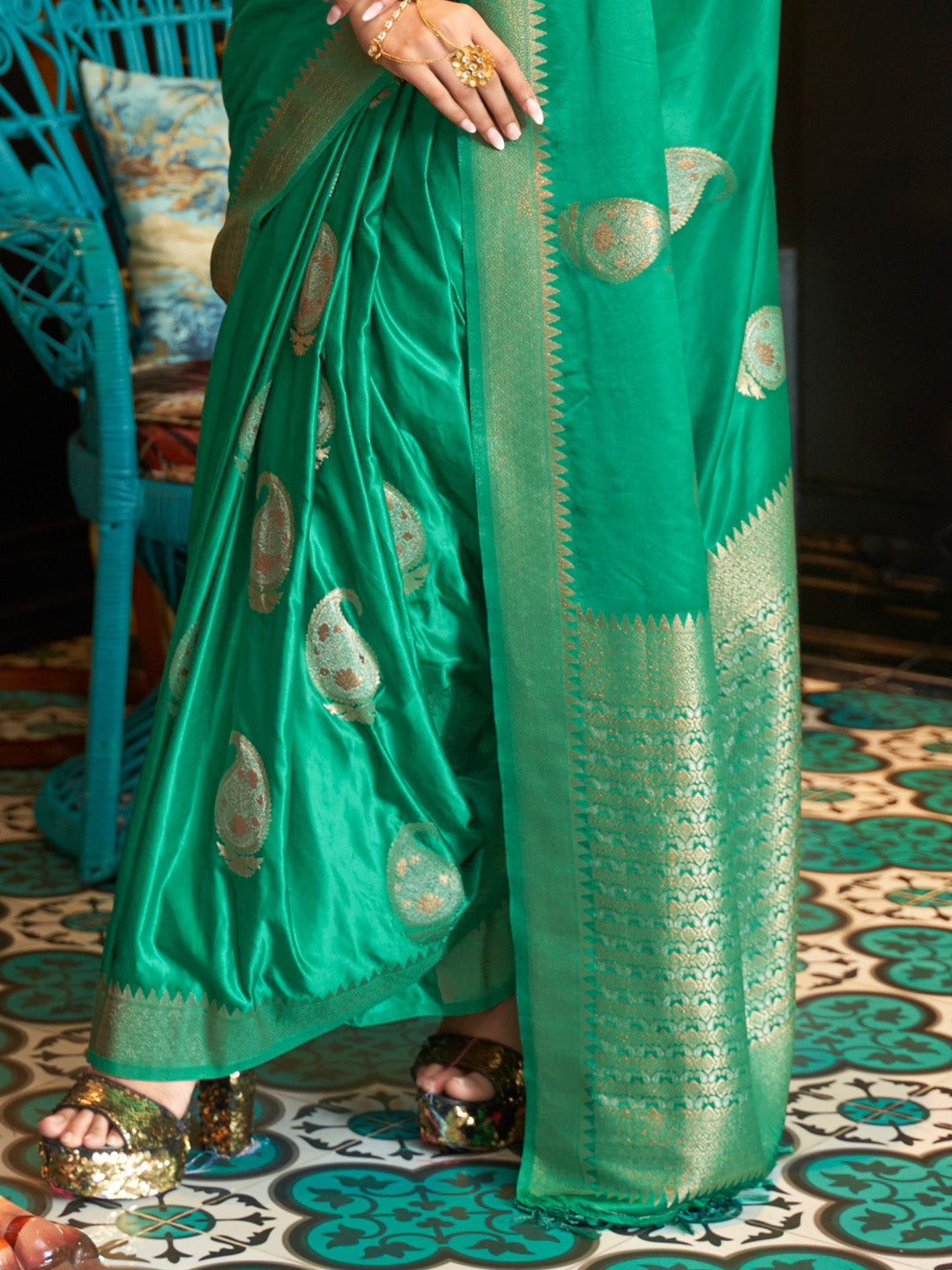 Forest Green Satin Silk Saree