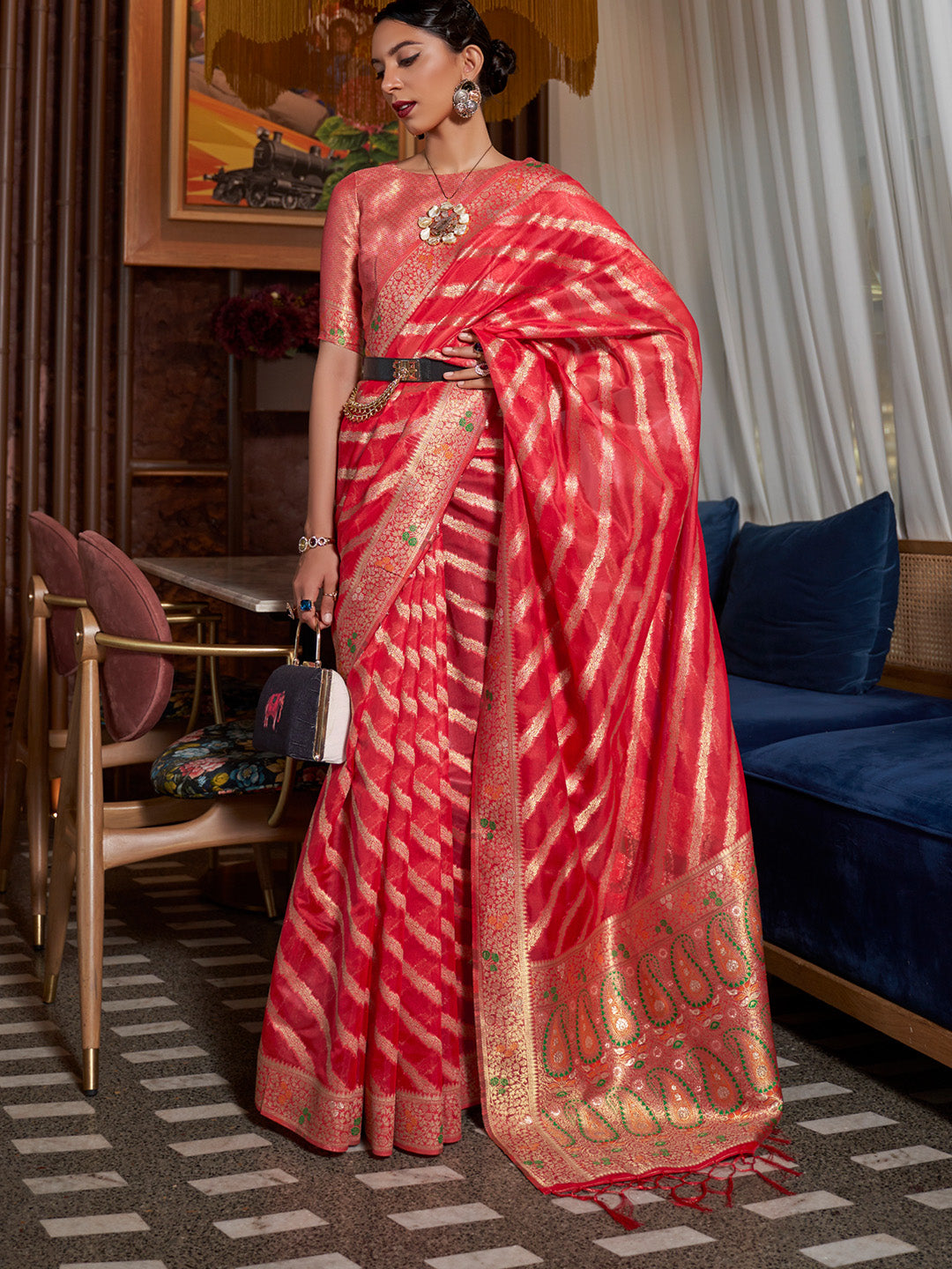 Cherry Red Meenakari Weaving Organza Silk Saree