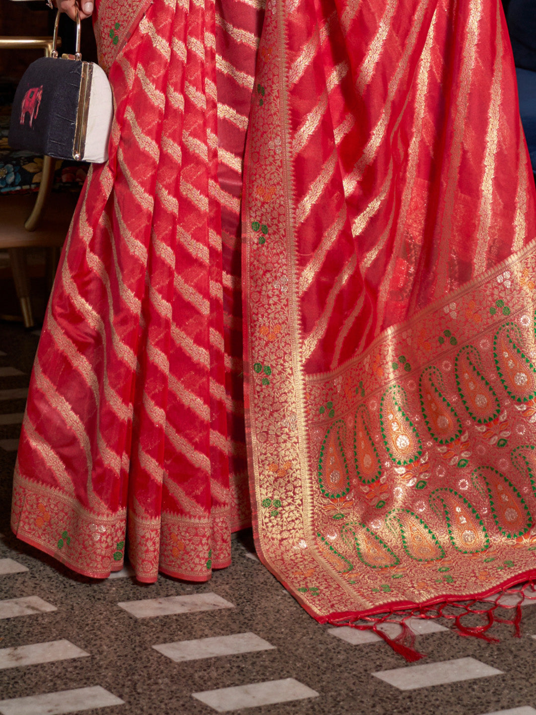 Cherry Red Meenakari Weaving Organza Silk Saree