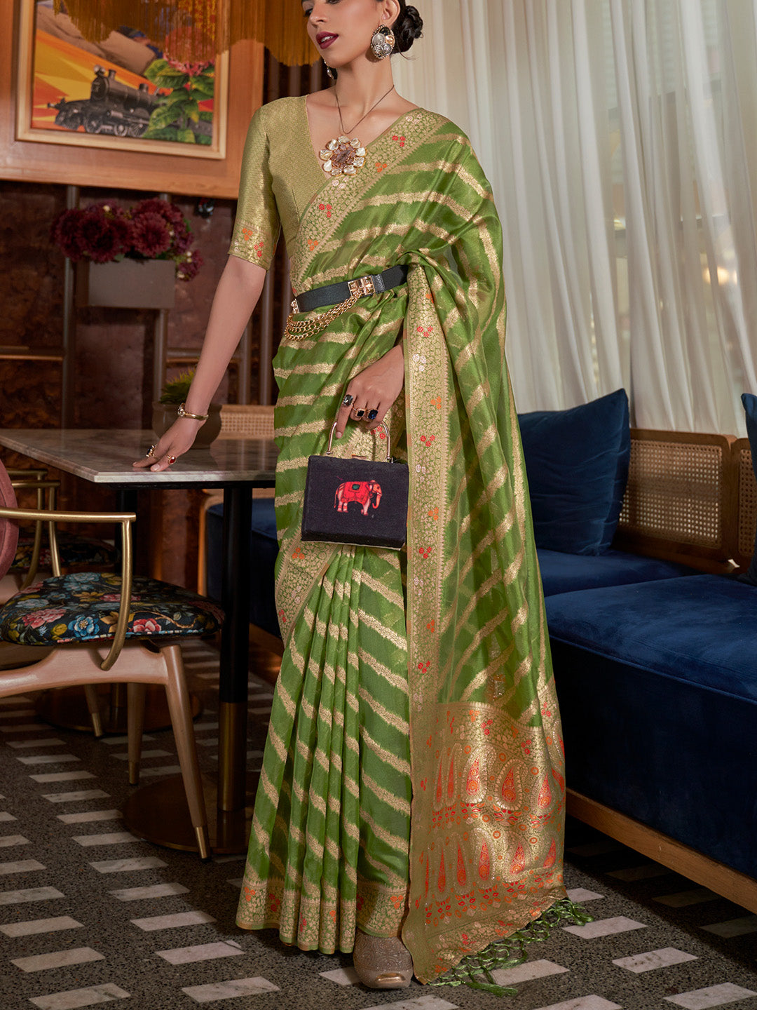 Mehendi Green Meenakari Weaving Organza Silk Saree