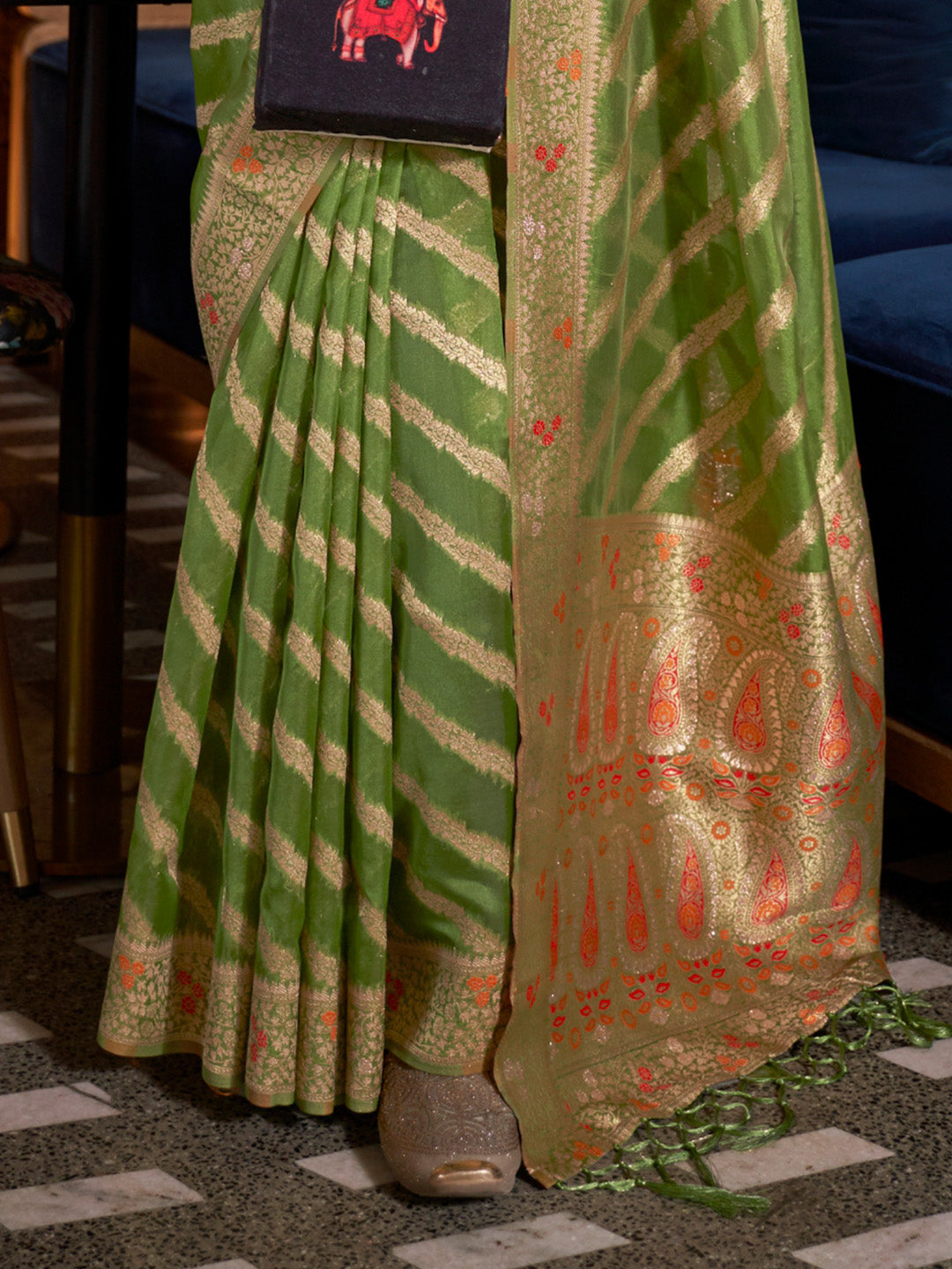 Mehendi Green Meenakari Weaving Organza Silk Saree