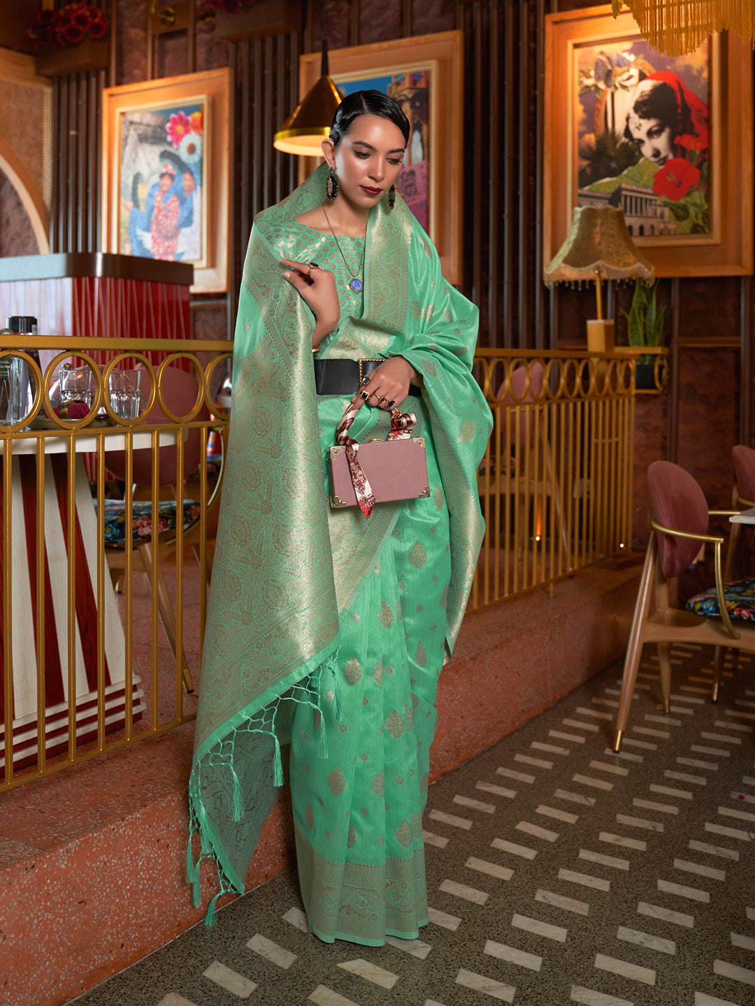 Mint Green Tessar Silk Handloom Weaving Saree