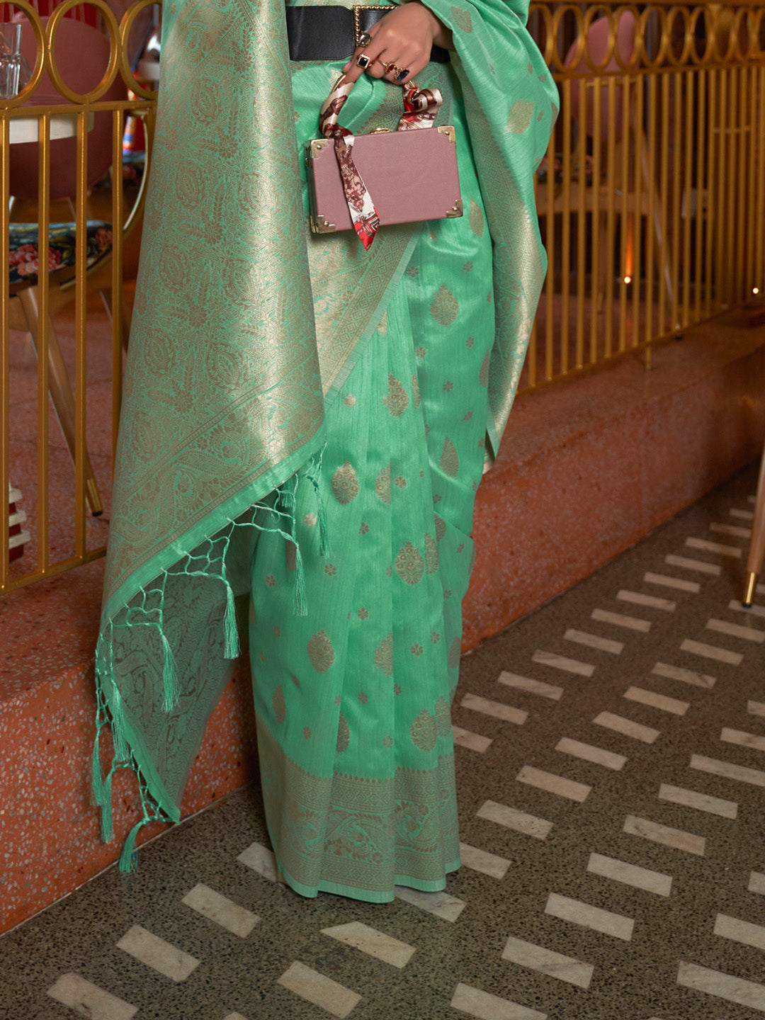 Mint Green Tessar Silk Handloom Weaving Saree