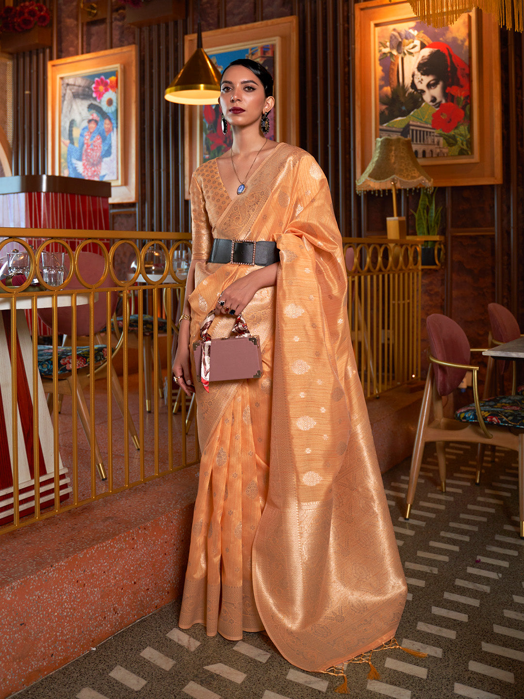 Morning Orange Tessar Silk Handloom Weaving Saree