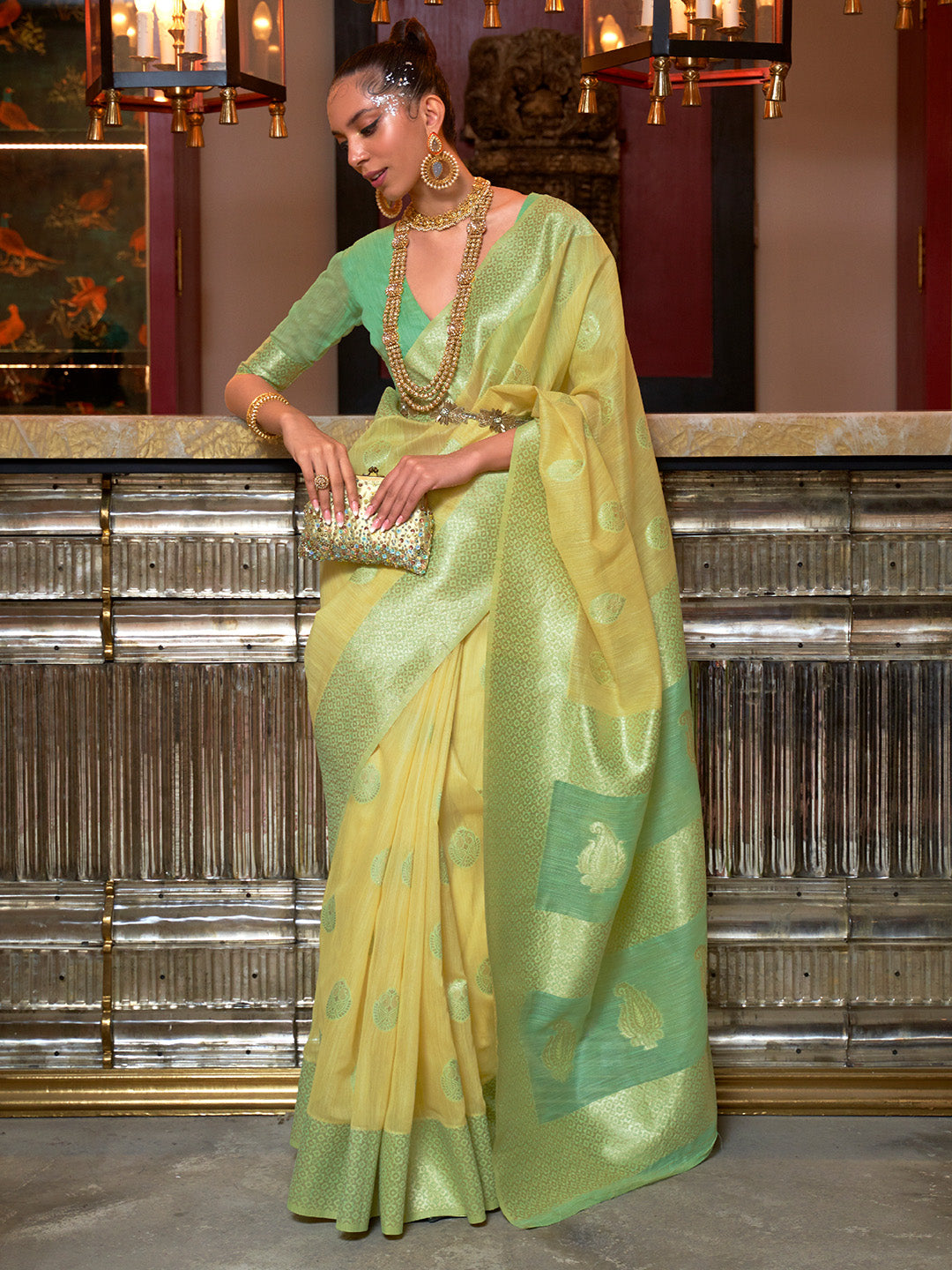 Yellow Green Linen Silk Saree