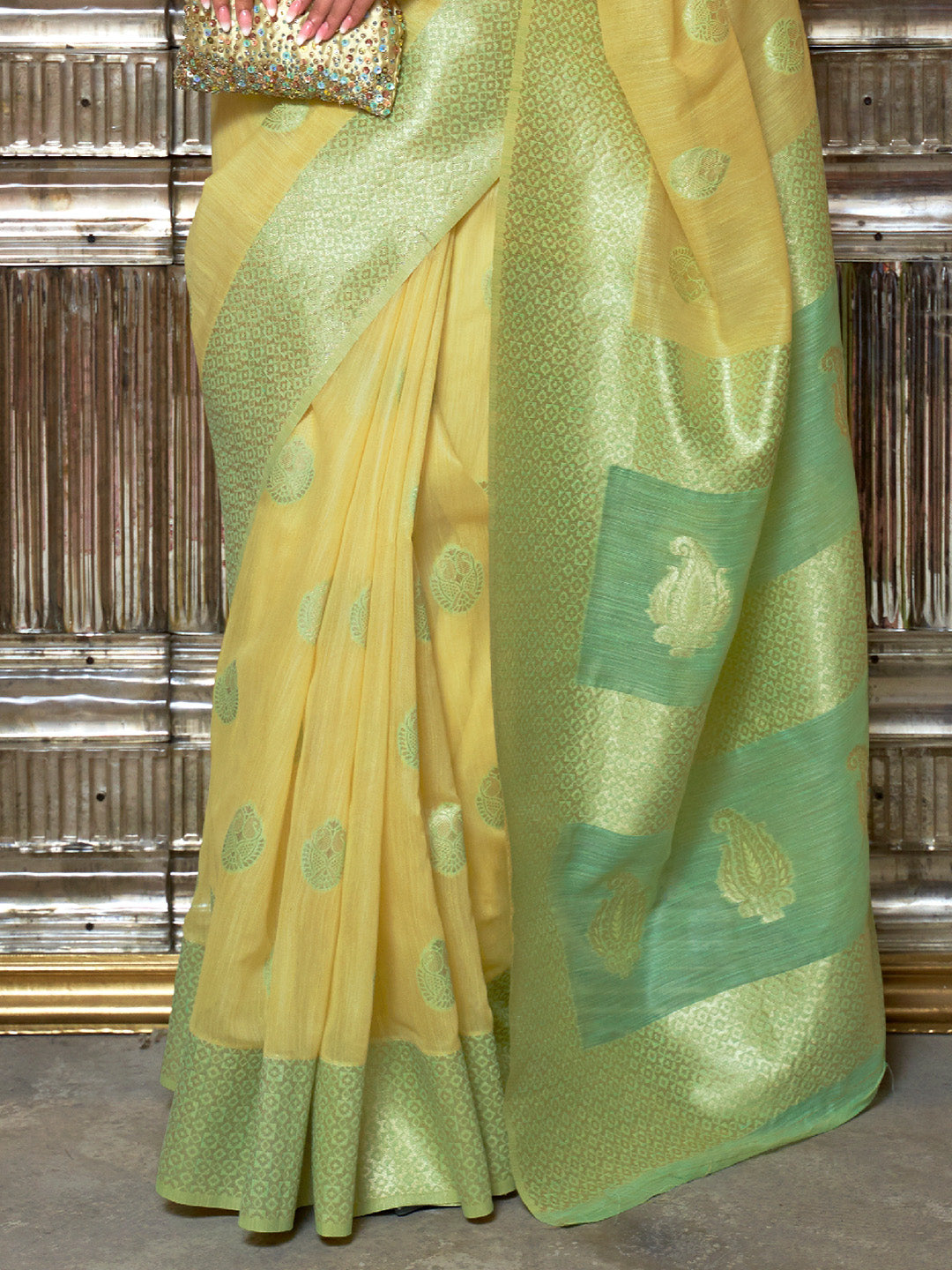 Yellow Green Linen Silk Saree