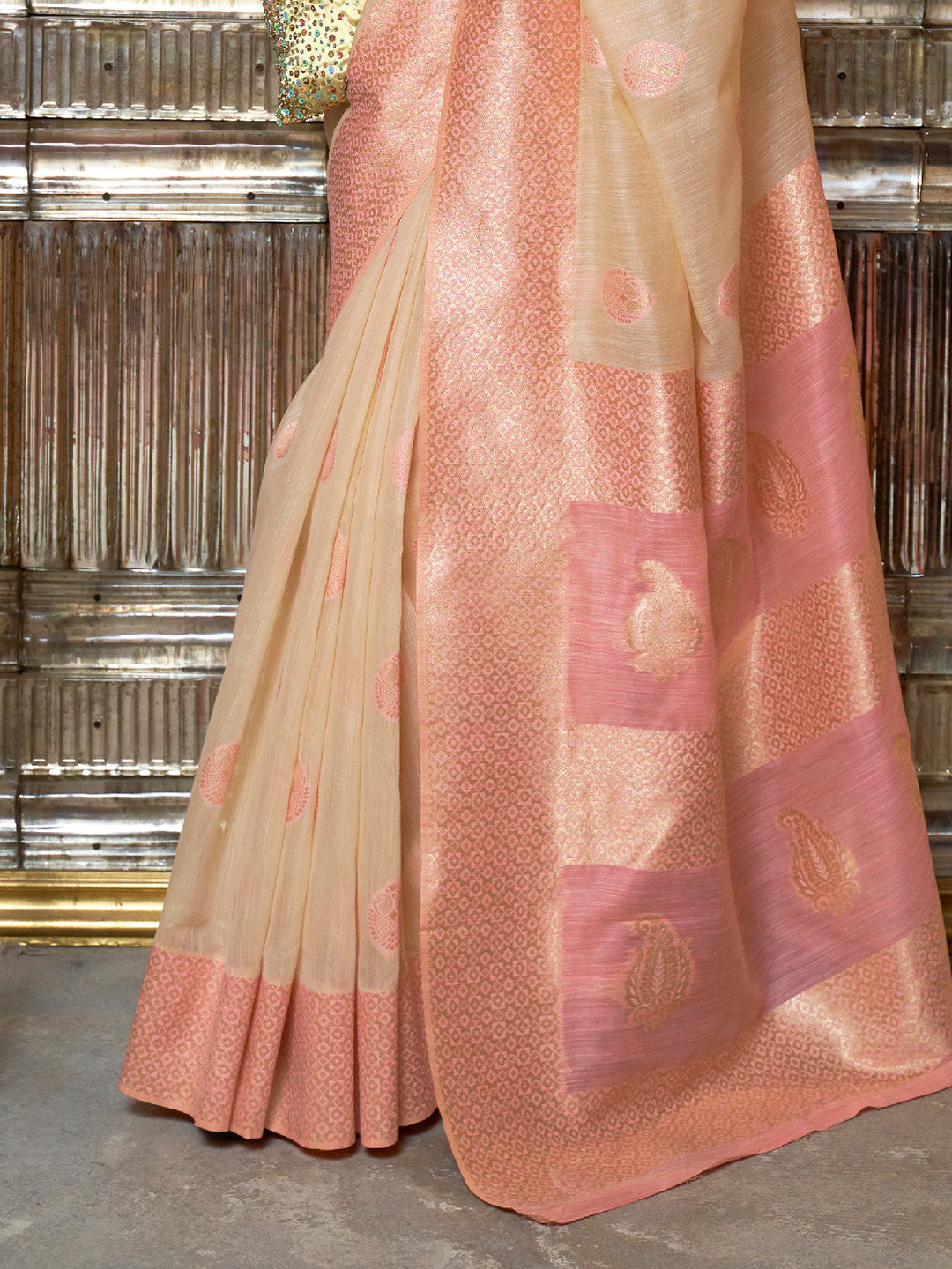 Cream Pink Linen Silk Saree