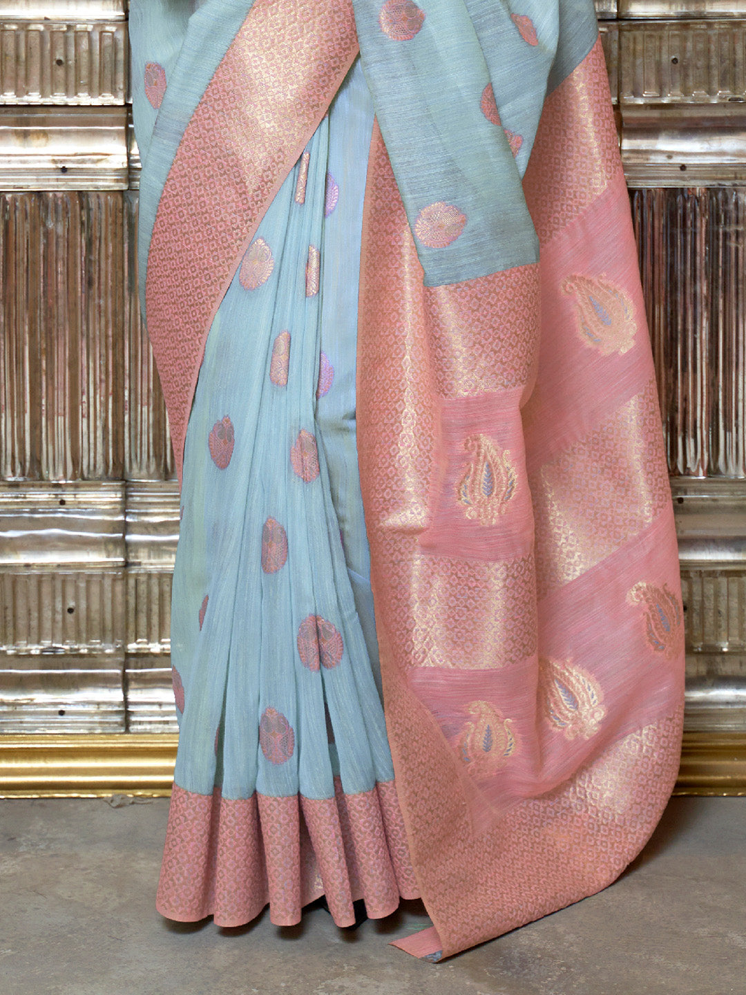 Blue Pink Linen Silk Saree