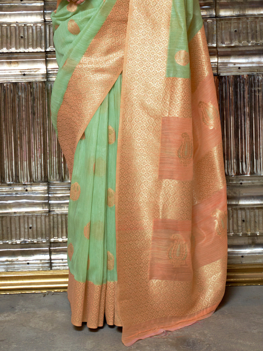 Green Orange Linen Silk Saree