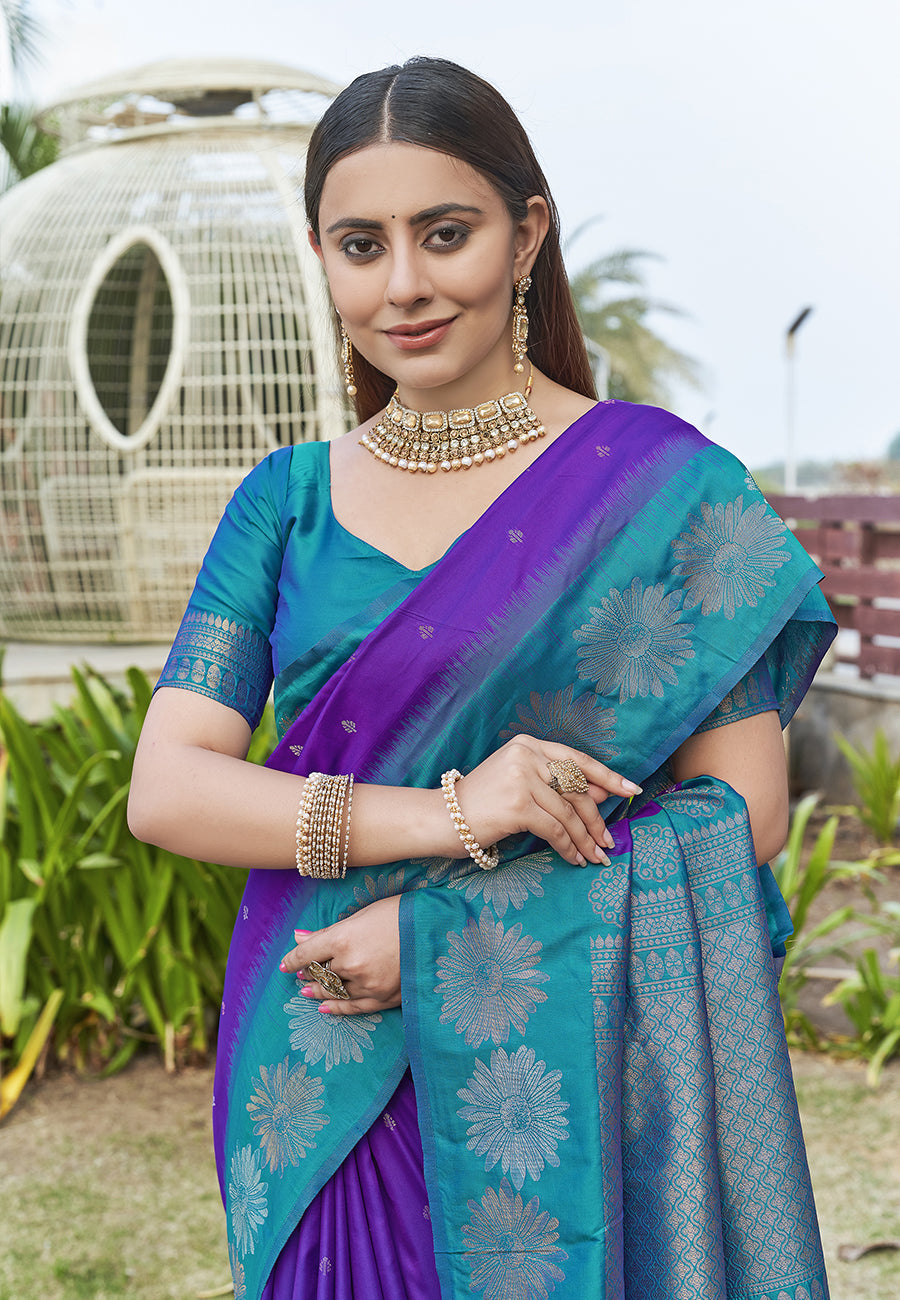 Purple Blue Soft Silk Floral Saree