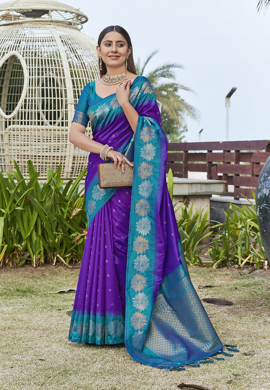 Purple Blue Soft Silk Floral Saree