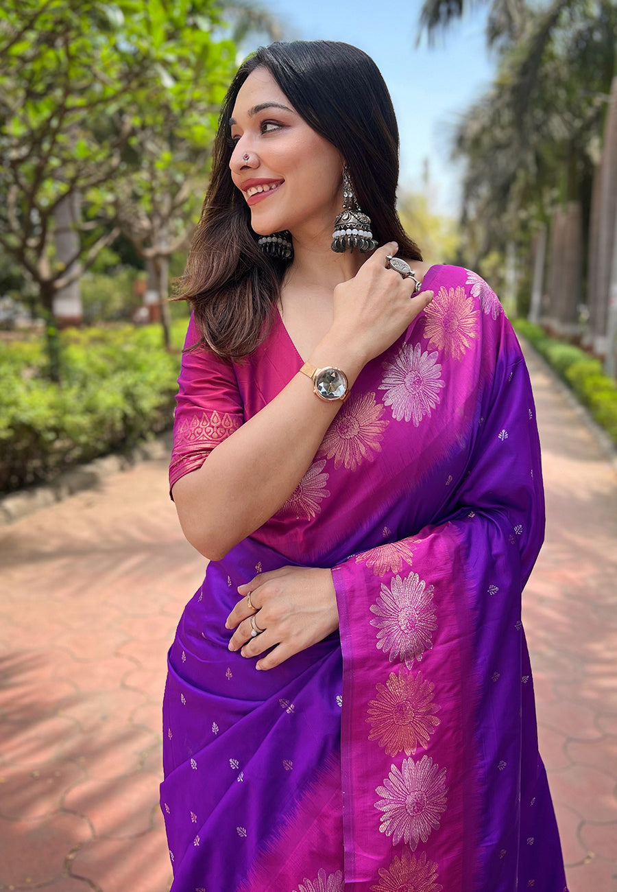 Purple Pink Soft Silk Floral Saree