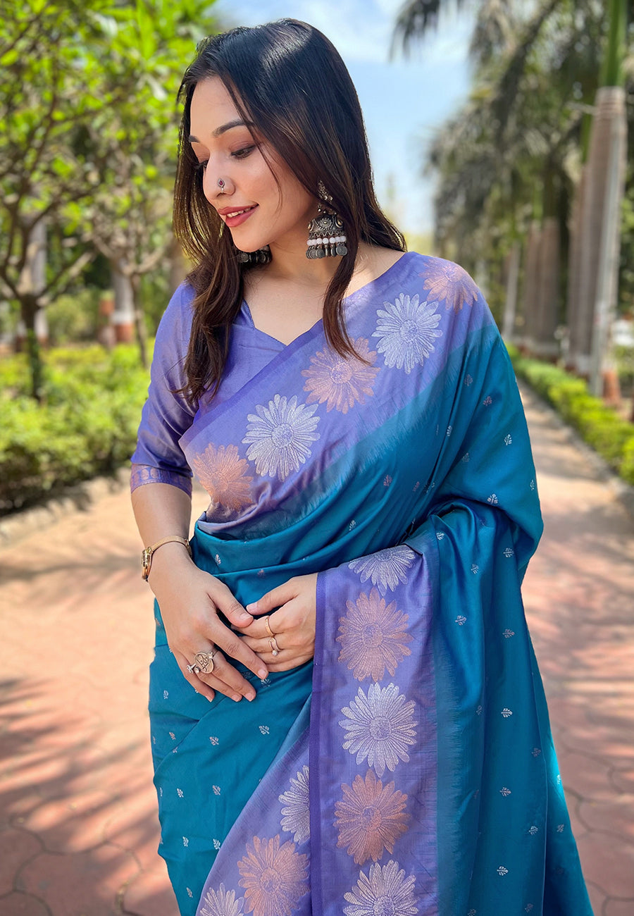 Rama Blue Soft Silk Floral Saree