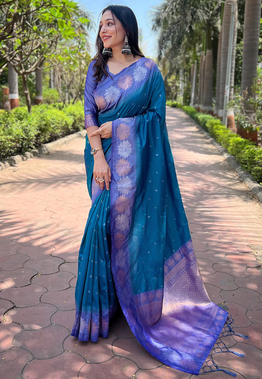Rama Blue Soft Silk Floral Saree