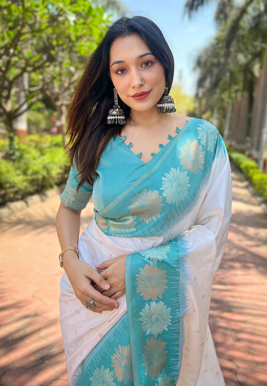 Pure White Soft Silk Floral Saree