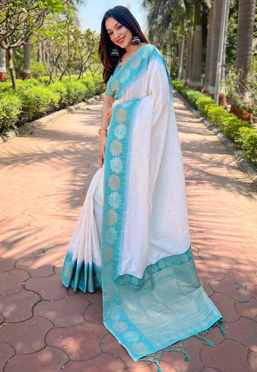 Pure White Soft Silk Floral Saree