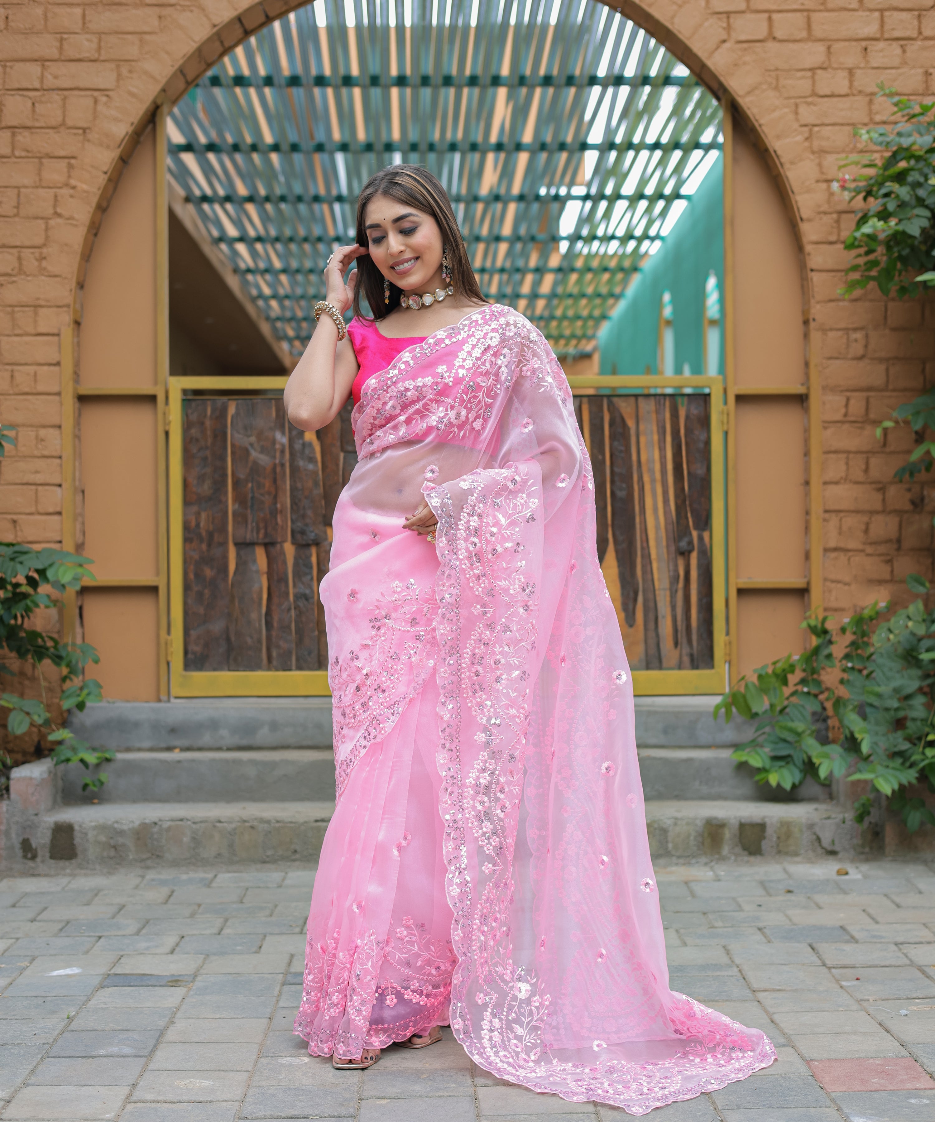 Pink Organza Saree With Satin Benglori Blouse