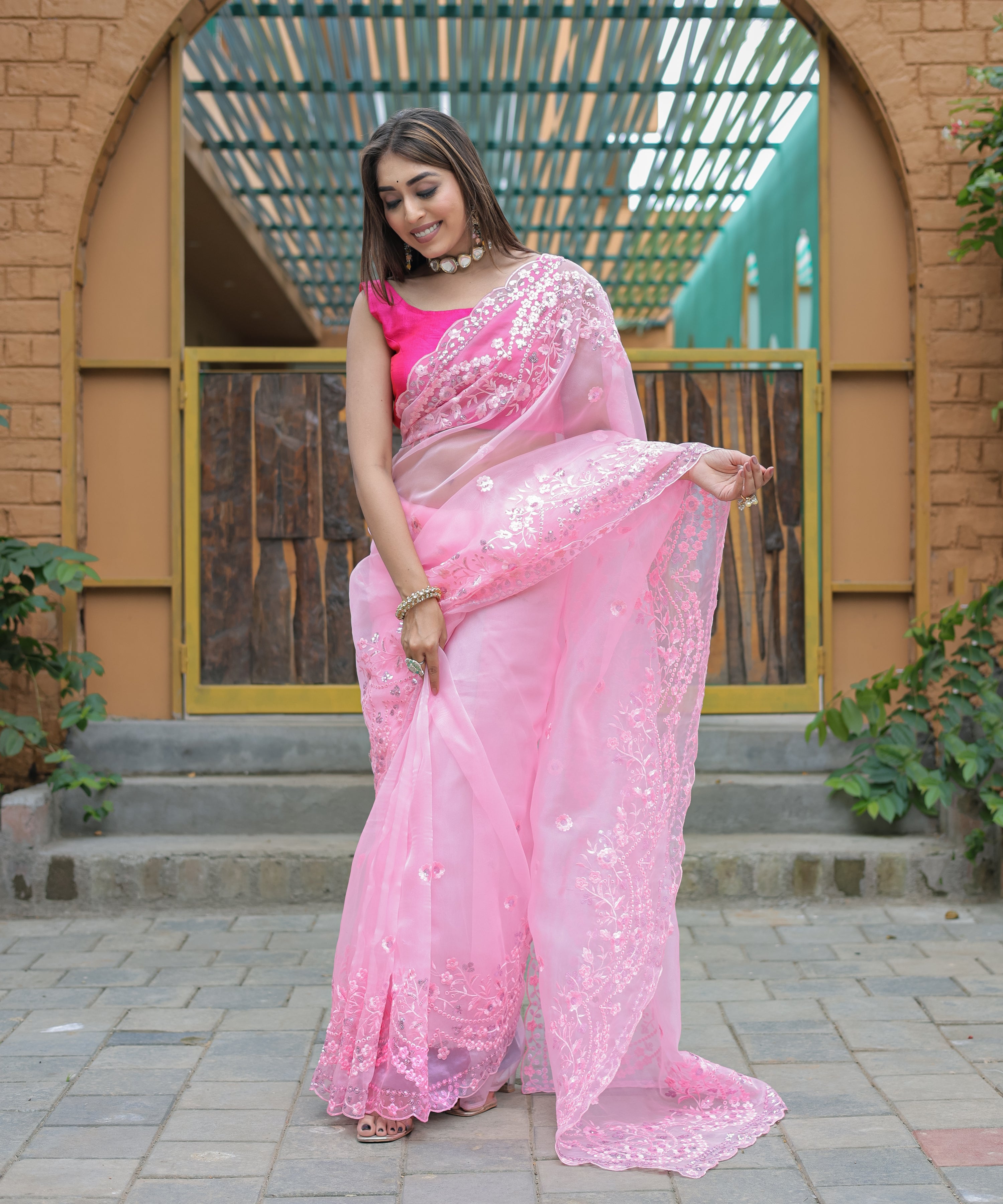 Pink Organza Saree With Satin Benglori Blouse